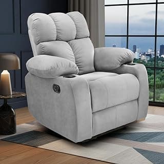 Little NAP Helios Soft Suede Fabric Single Seater Recliner | Manual Rocking & 360° Revolving | Padded 1-Seater Aaram Sofa with Cup Holder | Home, Office & Bedroom | Grey