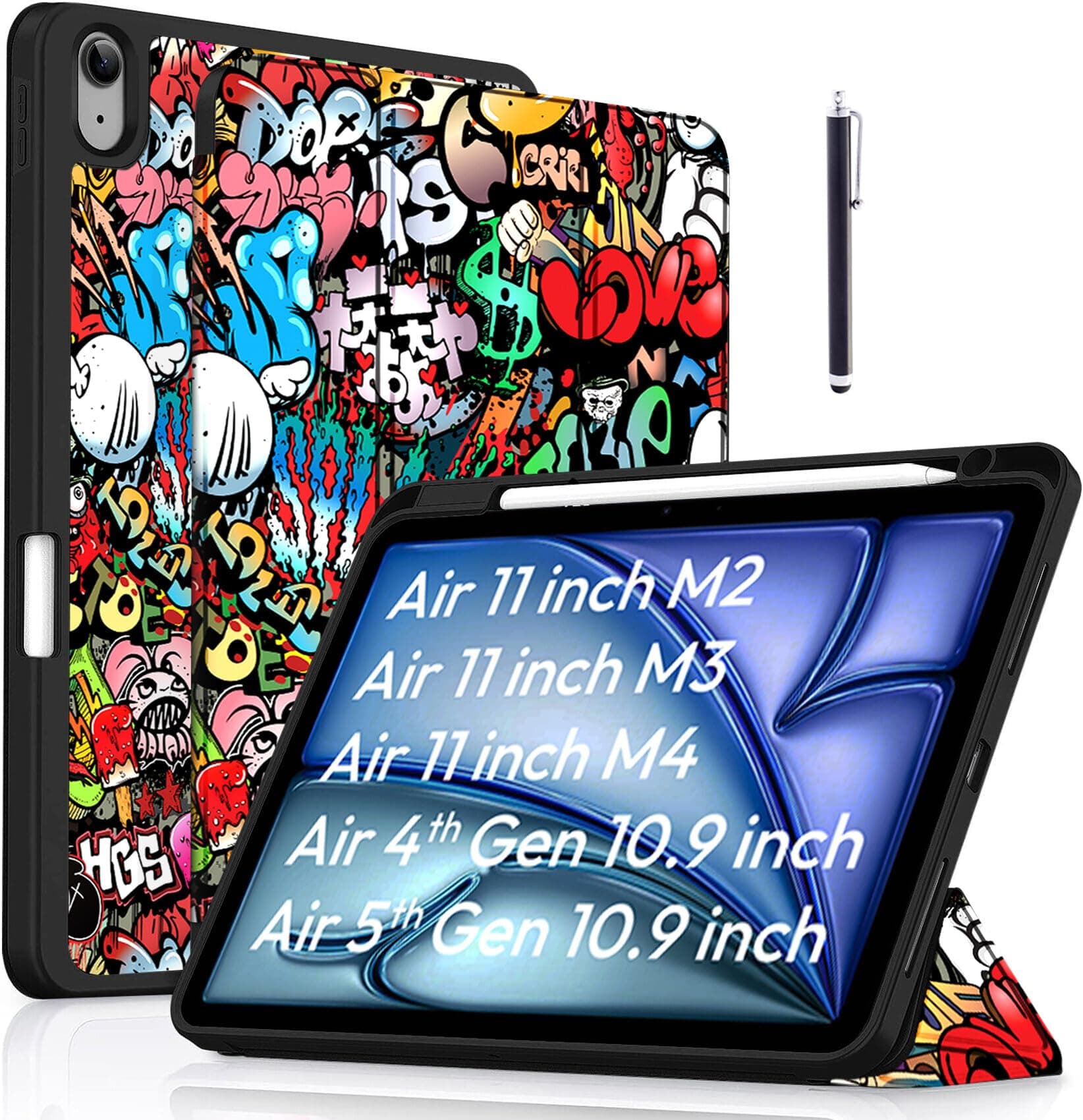Robustrion Case Cover for iPad Air 11 inch M4/M3/M2 (2024/2025/2026)/iPad Air 4th 5th Generation Cover 10.9" with [Pencil Holder Right Side][Flexible Back][Auto Sleep Wake] and Stylus Pen - Hippy