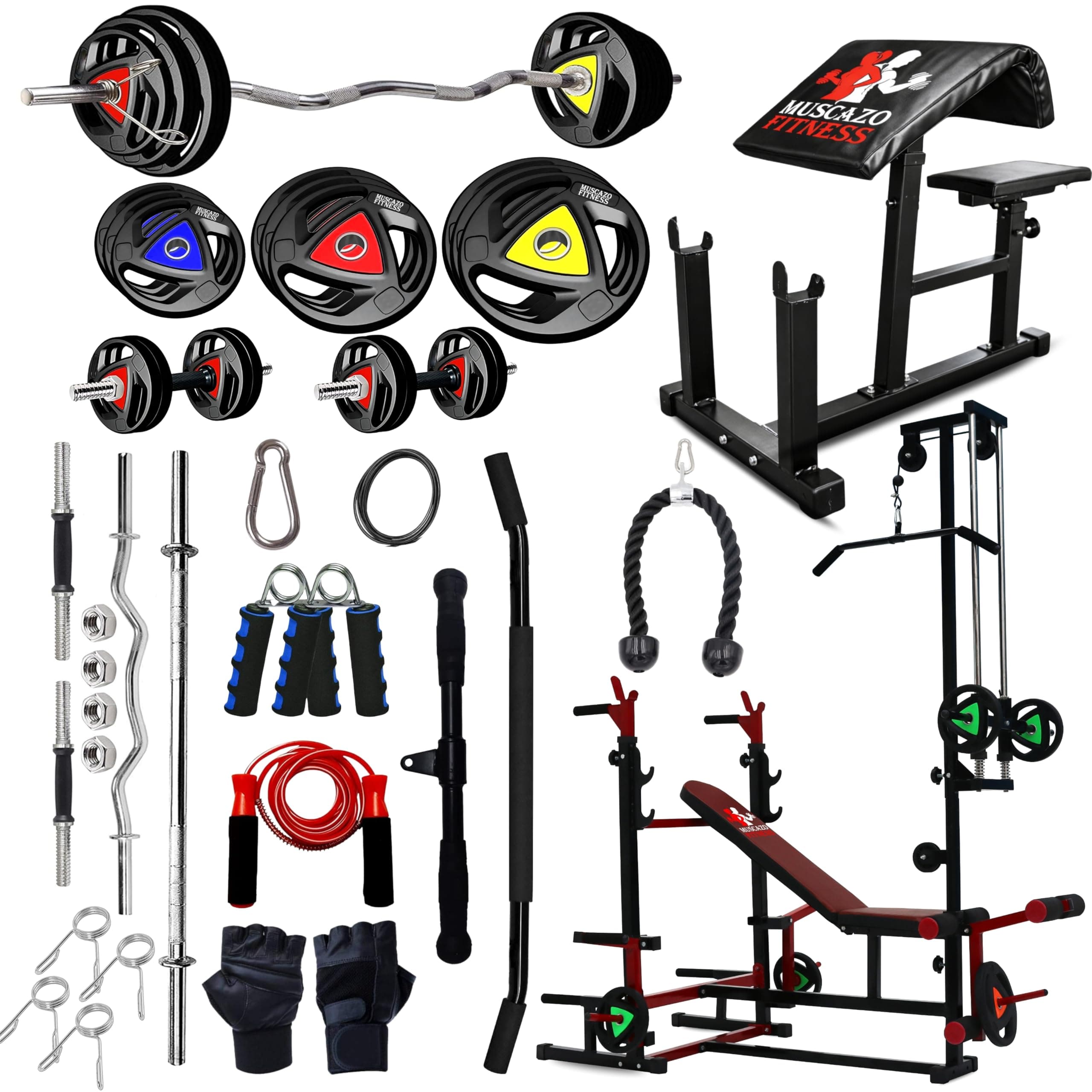 MUSCAZO FITNESS Complete Home Gym Combo with 10KG Rubber Coated Weight Plates & Barbell, 20-in-1 Multi-Functional Bench with Lat Pulldown & Rack, Preacher Curl Bench, Cable Attachments & Accessories (10KG COMBO)