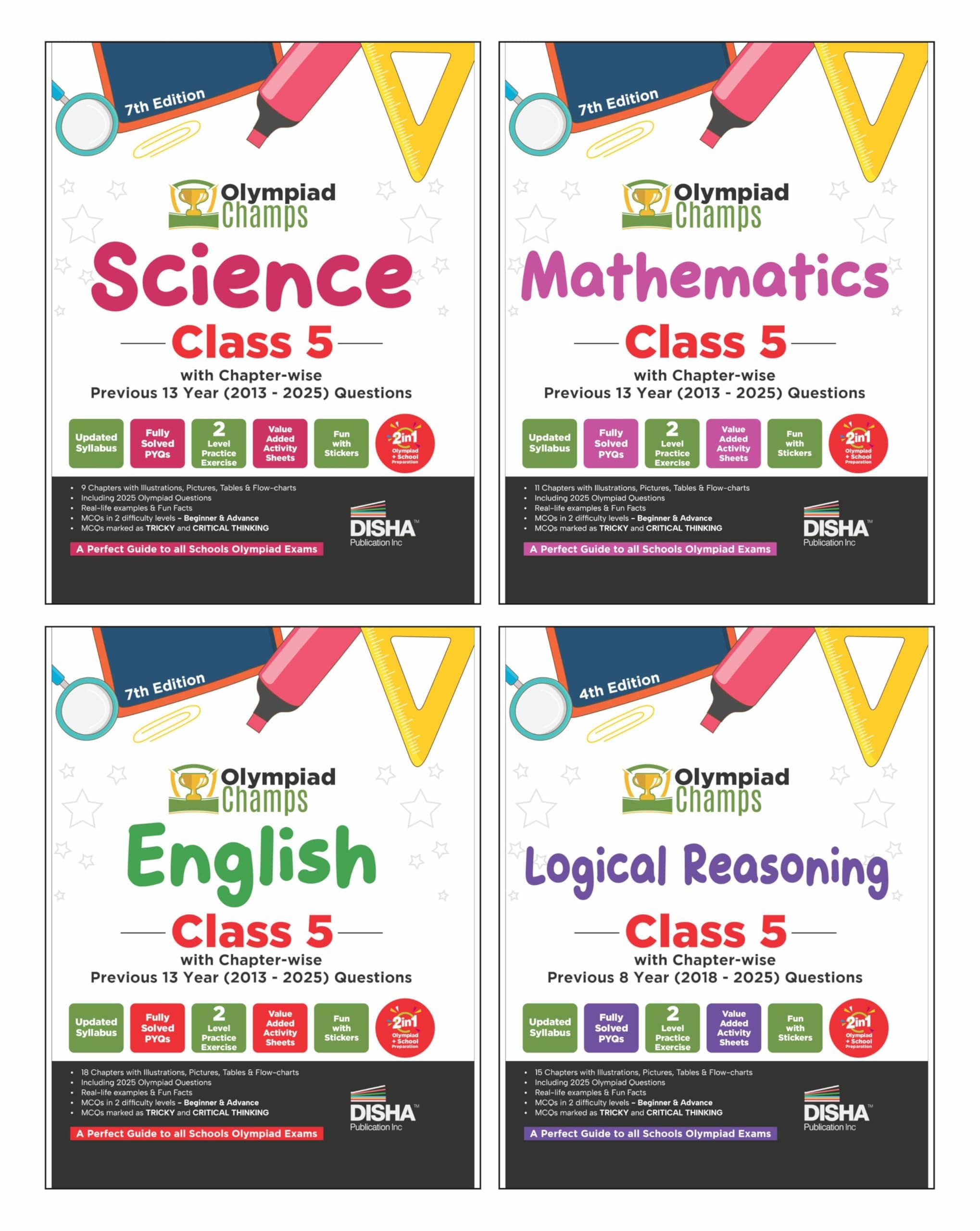 Disha Combo Class 5 (set of 4 books) Olympiad Champs Science, Mathematics, English & Logical Reasoning with Chapter-wise Previous 13 Year (2013 - 2025) Questions 2nd Edition | 2026 - 27 Exam