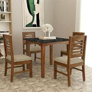 Italiana Solid Sheesham Wood Dining Table Set 4 Seater | Dining Set with Cream Cushion Chairs | Dining Room Sets for Home, Hotel & Restaurants | Black Table Top with Honey Finish