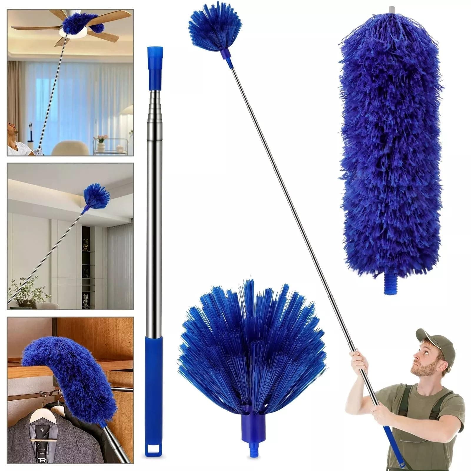 2 in 1 Long Handle Microfiber Feather Ceiling Duster for Dust Cleaning with extendable Pole 30-100 Inch with Anti Scratch Bendable Head for Cleaning High Cobweb Stick high Ceiling Fan Mop