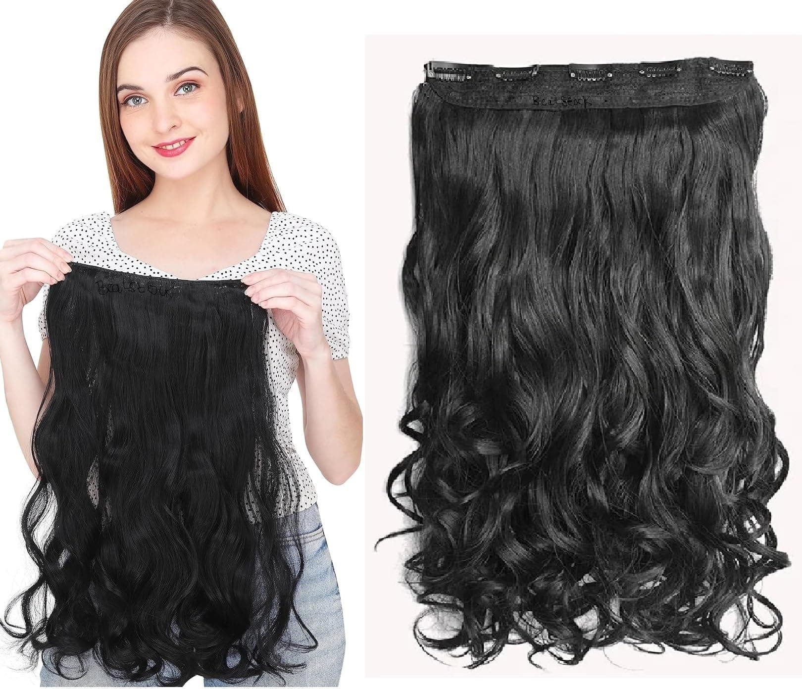BeatStock Silky Soft Hair Extensions And Wigs Women Curly/Wavy Hair Extension For Girls To Increase Hair Volume 5 Clips in Black color 24 Inch