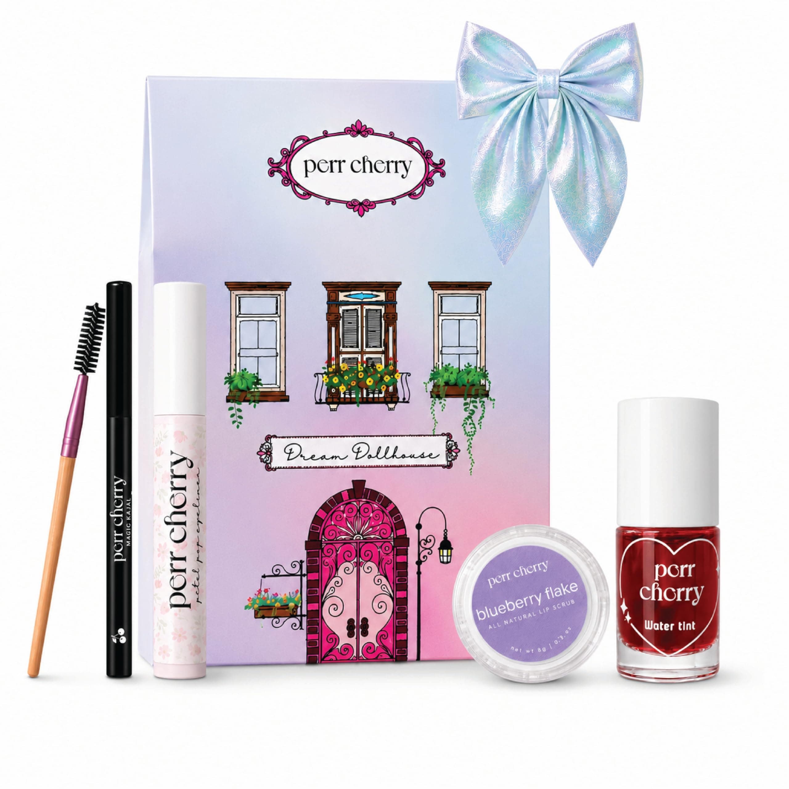 Perr Cherry 6-Piece Organic Makeup Kit for Kids, Preteens & Teen Girls | 100% Natural & Skin Friendly | Includes Kajal, Eyeliner, Lip Scrub, Water Tint, Brush and Hair Bow (Assorted Colour)