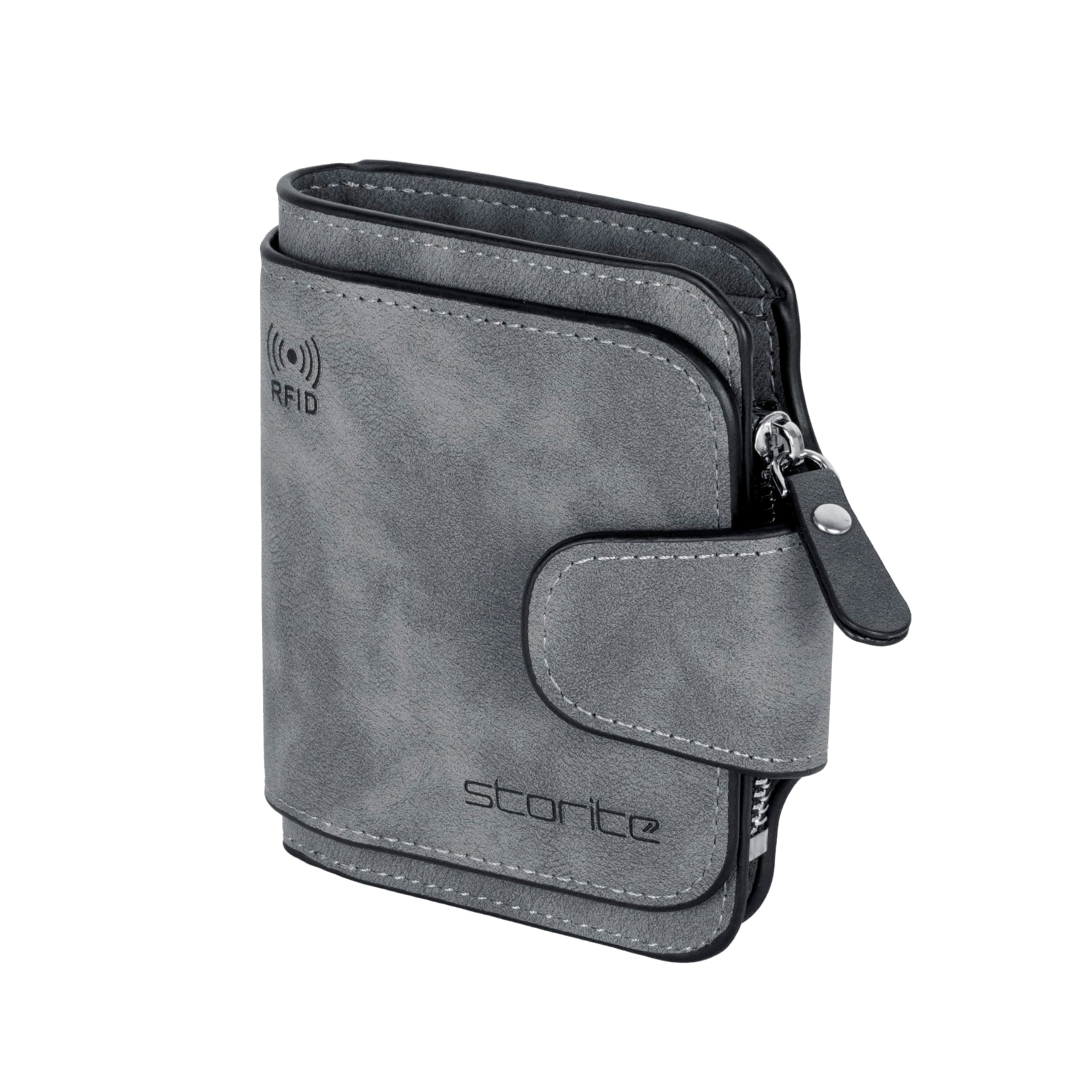 Storite RFID Unisex PU Leather Bifold Wallet with Zip Coin Pocket, Grey | Snap-button closure, Multiple Slots with ID window, Card Holder, for Everyday Carry -11.5 x 9.5 x 2 cm