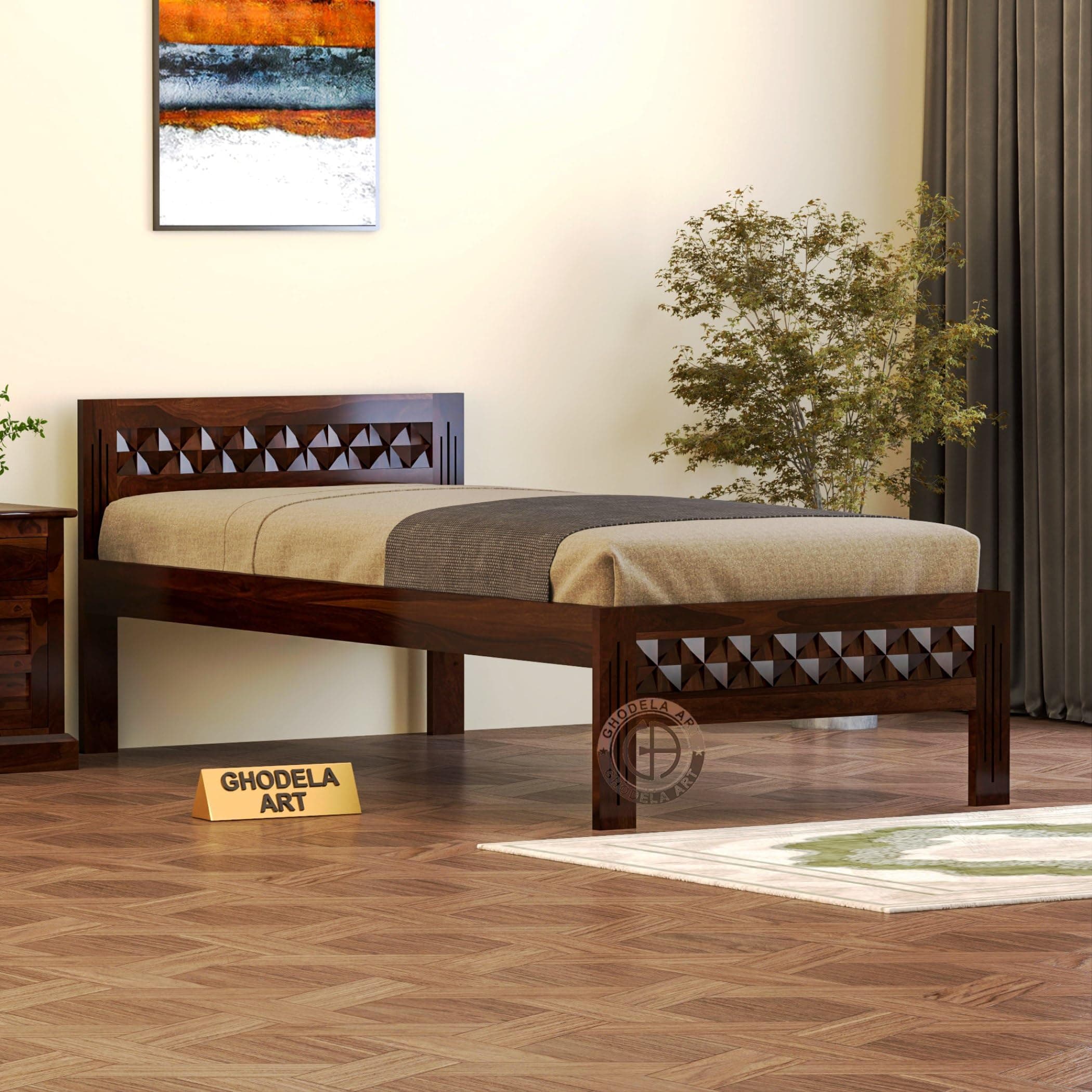 GHODELA ART Sheesham Wood Bed Without Storage Solid Wooden King Size Cot Bed Furniture for Bedroom Living Room Home (Walnut Finish, Single King Size Bed) Size 6.5×3