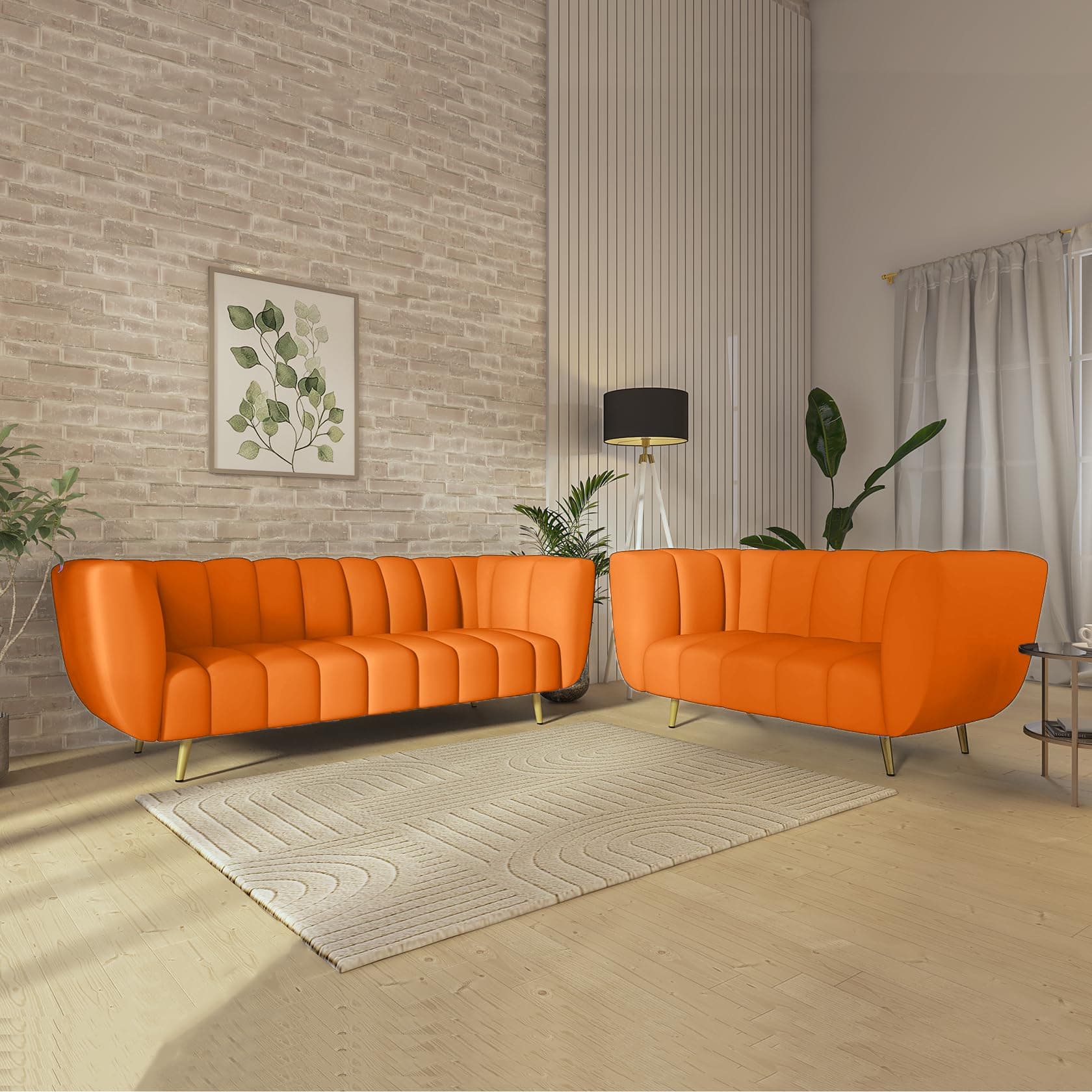 Wakeup India Sofa | Mushy Premium Fabric Sofa Set | 5 Seater Sofa | Pocket Spring Cushion | Padded Cushioned Armrest | Metal Leg with Golden Polish (Orange, Seating-3+2) | 3 Years Warranty