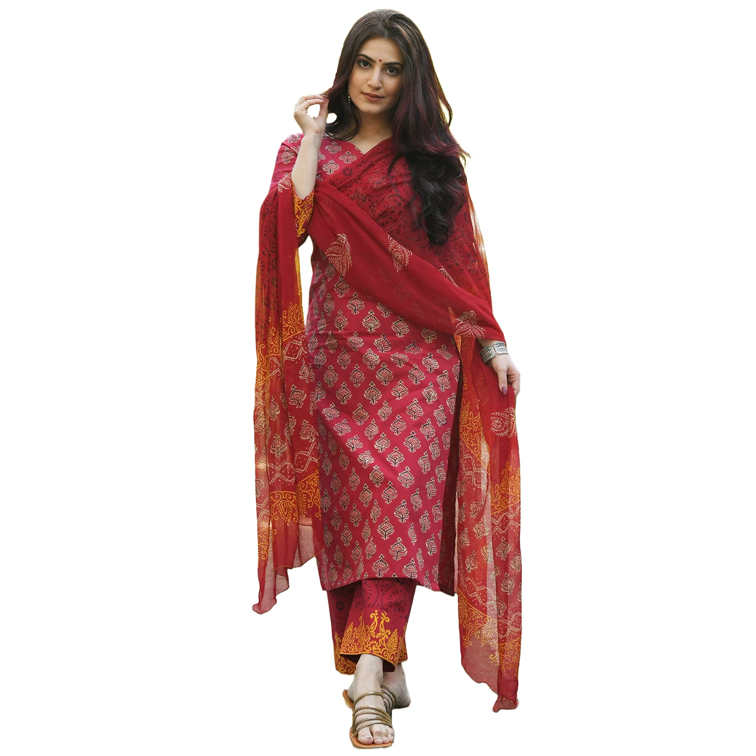 GoSriKi Women's Rayon Floral Printed Straight Kurta with Pants & Dupatta