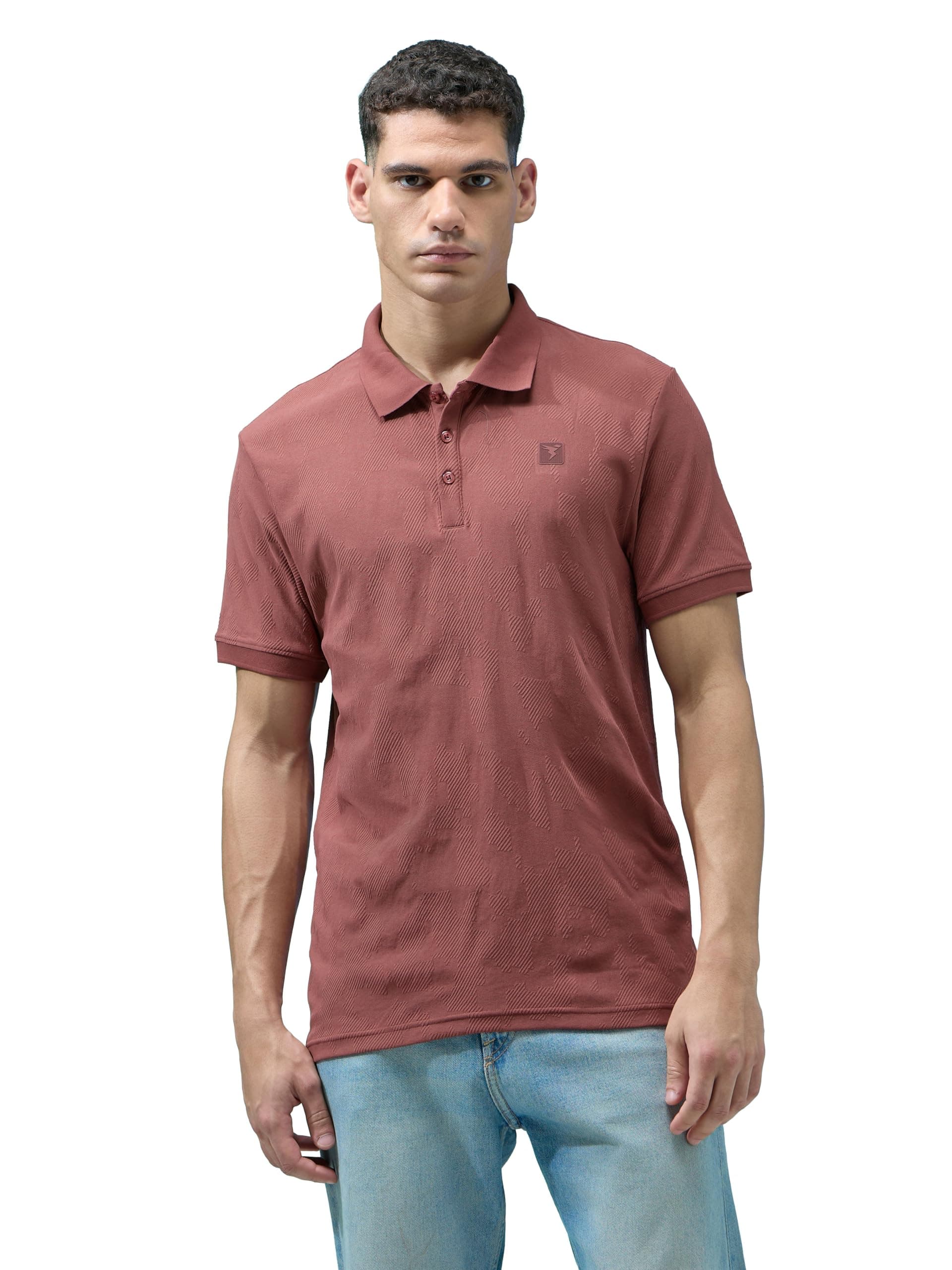 TECHNOSPORT Men's Slim Fit Jacquard Textured Polo Sports T-Shirt with Cotflex, UPF50+ for Regular use