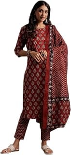 Libas Womens Printed Cotton Straight Kurta with Trousers and Dupatta