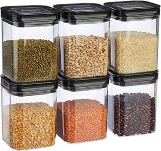 Amazon Brand - Solimo Airtight Plastic Storage Jar and Container Set-I | BPA Free | Multipurpose Storage | 1150ml Each, Set of 6 (Black)