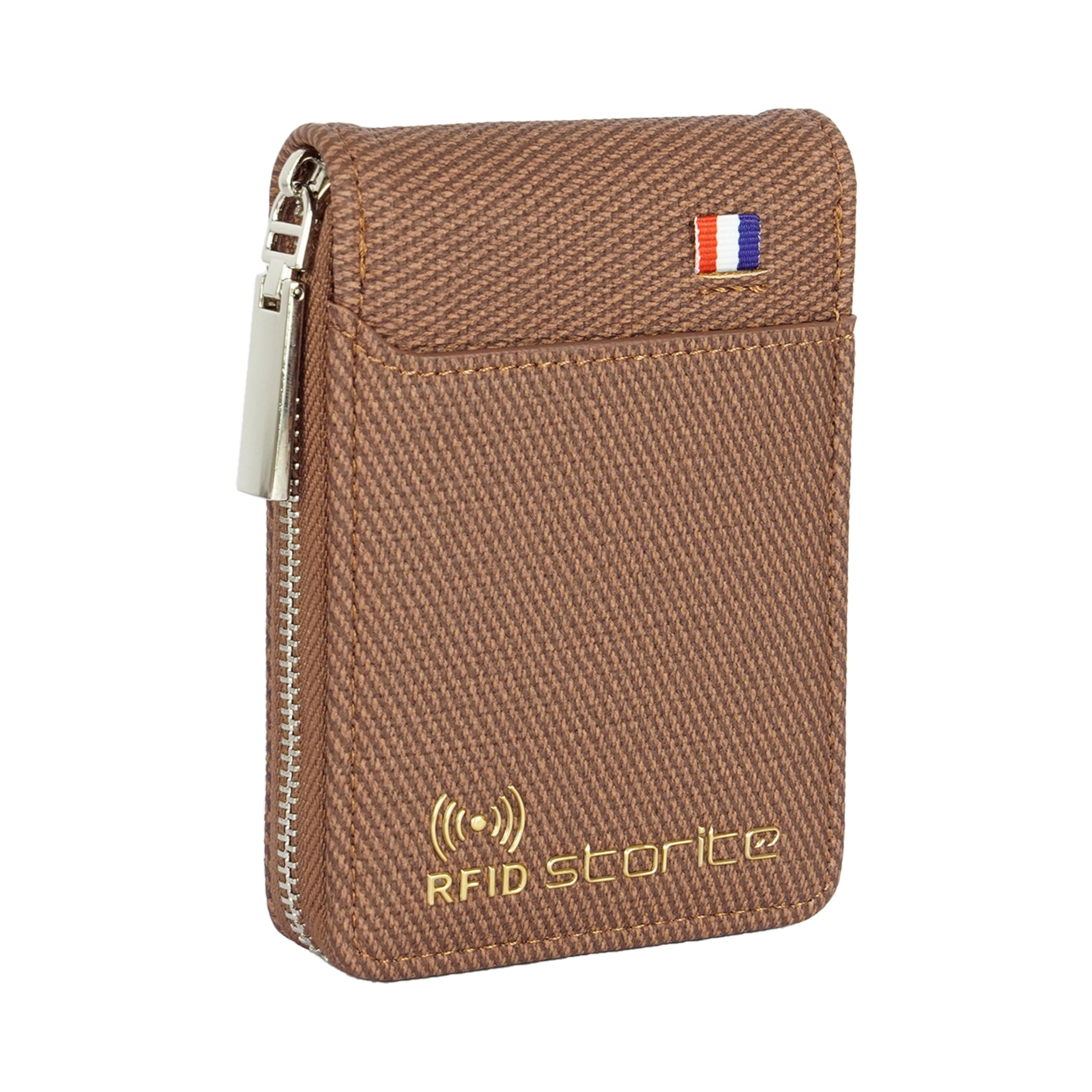 Storite RFID Protected 9 Slot Vertical Leather Woven Pattern Credit Debit Card Holder Money Wallet Zipper Coin Purse for Men Women - (Brown, 11.5x2x8Cm)