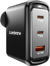 Ambrane 70W Fast Charging Adapter Gan Charger,3 Ports (2 Type C & 1 USB),BIS Certified,for iPhone 16/15/14 Samsung,Type C Laptops: MacBook,Dell,ASUS,Fast Charger PD Technology (Charge 70),Black