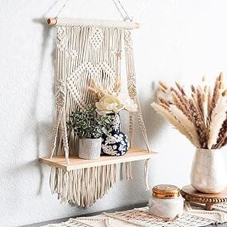 LOVE N BEYOND Macrame Indoor Wall Hanging Floating Shelves for Wall Decor With Real Pine Wood Dowel Hand Woven Bohemian Decor for Apartment Dorm Bedroom Living Room Nursery Beige 60 x 30cm (Victorian)