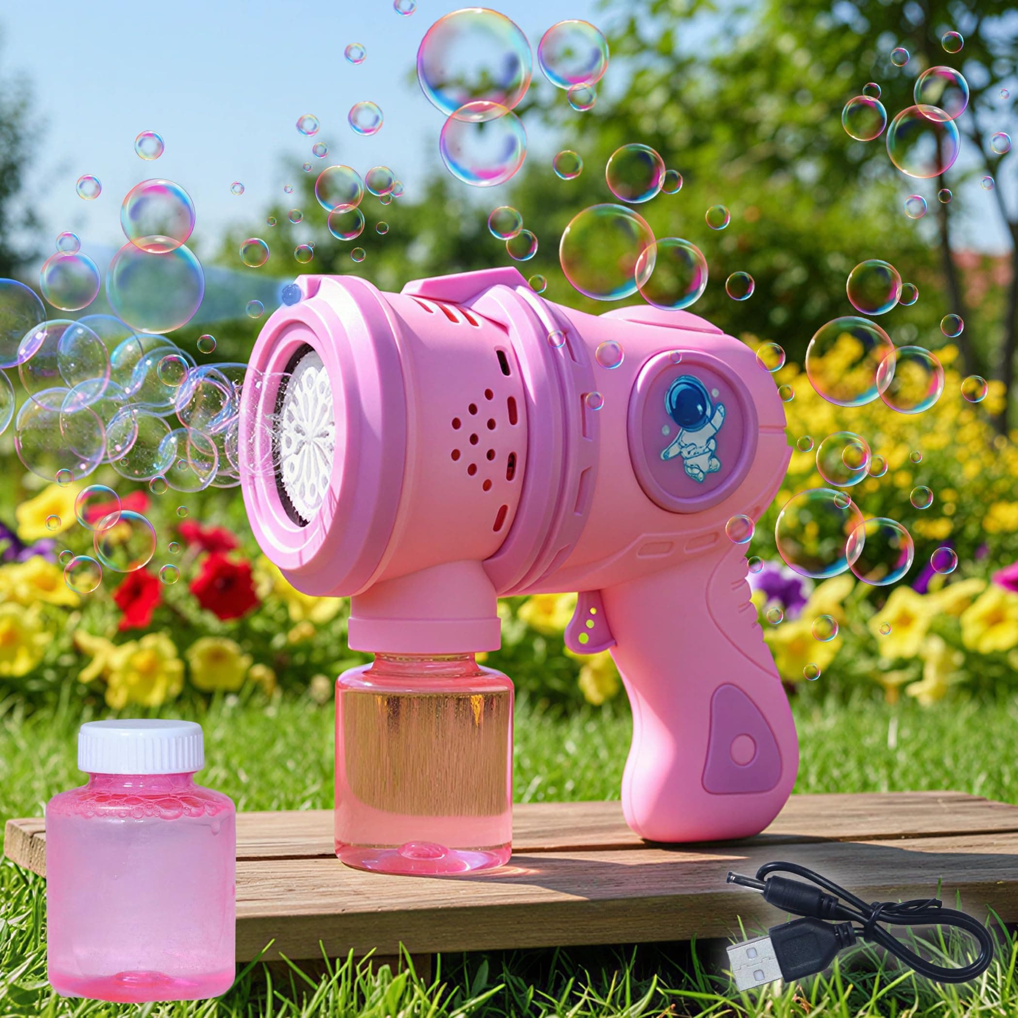 VikriDA Automatic Bubble Blower with LED Lights – 5000+ Bubbles/Min – Includes Charging Cable, 2 Bubble Solution Bottles – Pink
