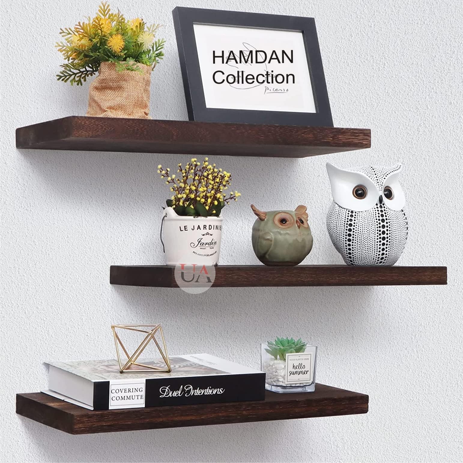 Hamdan Collection Floating Shelves, 17 Inch Wall Shelf Set of 3, Rustic Wood Shelves for Wall Storage, Wall Mounted Wooden Display Shelf for Bathroom Bedroom-Walnut