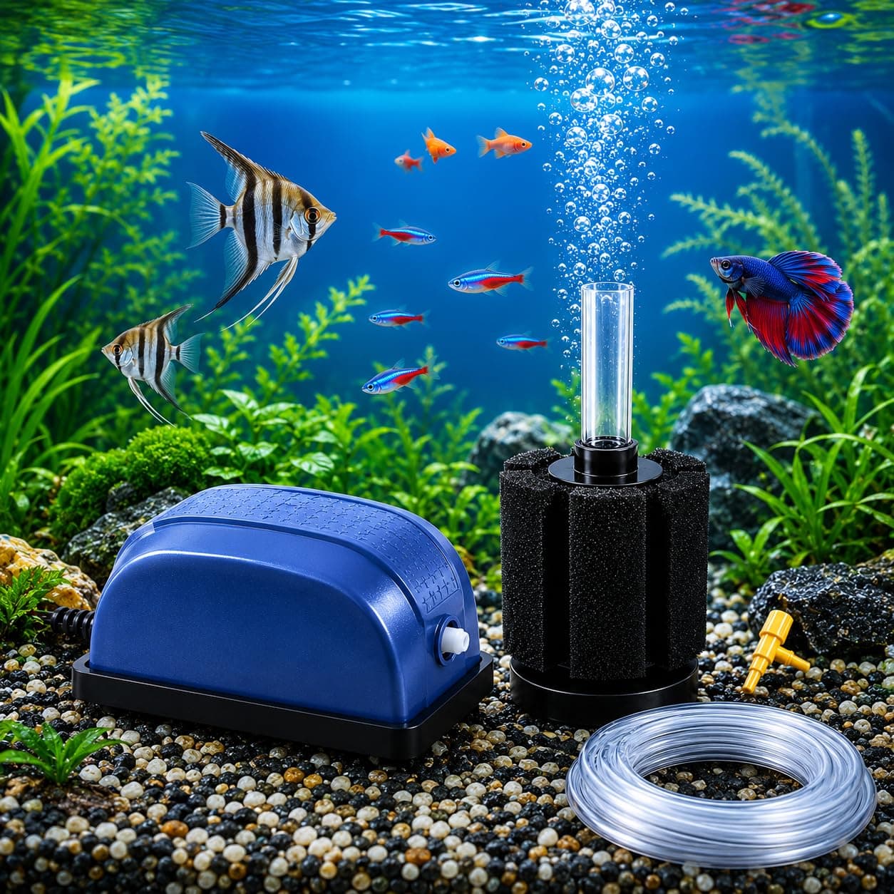 COLOURFUL AQUARIUM 1way Air Pump/Motor + 2mtr Tube + 1controller + #2835 Sponge Filter(1 Way - Combo 2)