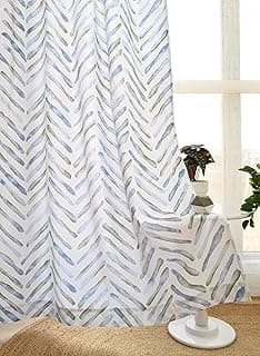 Tranquebar Curtain Co. Window Curtains 5 Feet, 60-65% Room Darkening, Blue & Green Watercolor Chevron Print, Cotton Curtains for Window, Cotton Curtains 5 Feet Long Set of 2, BackTabs, Raya (152 cm)