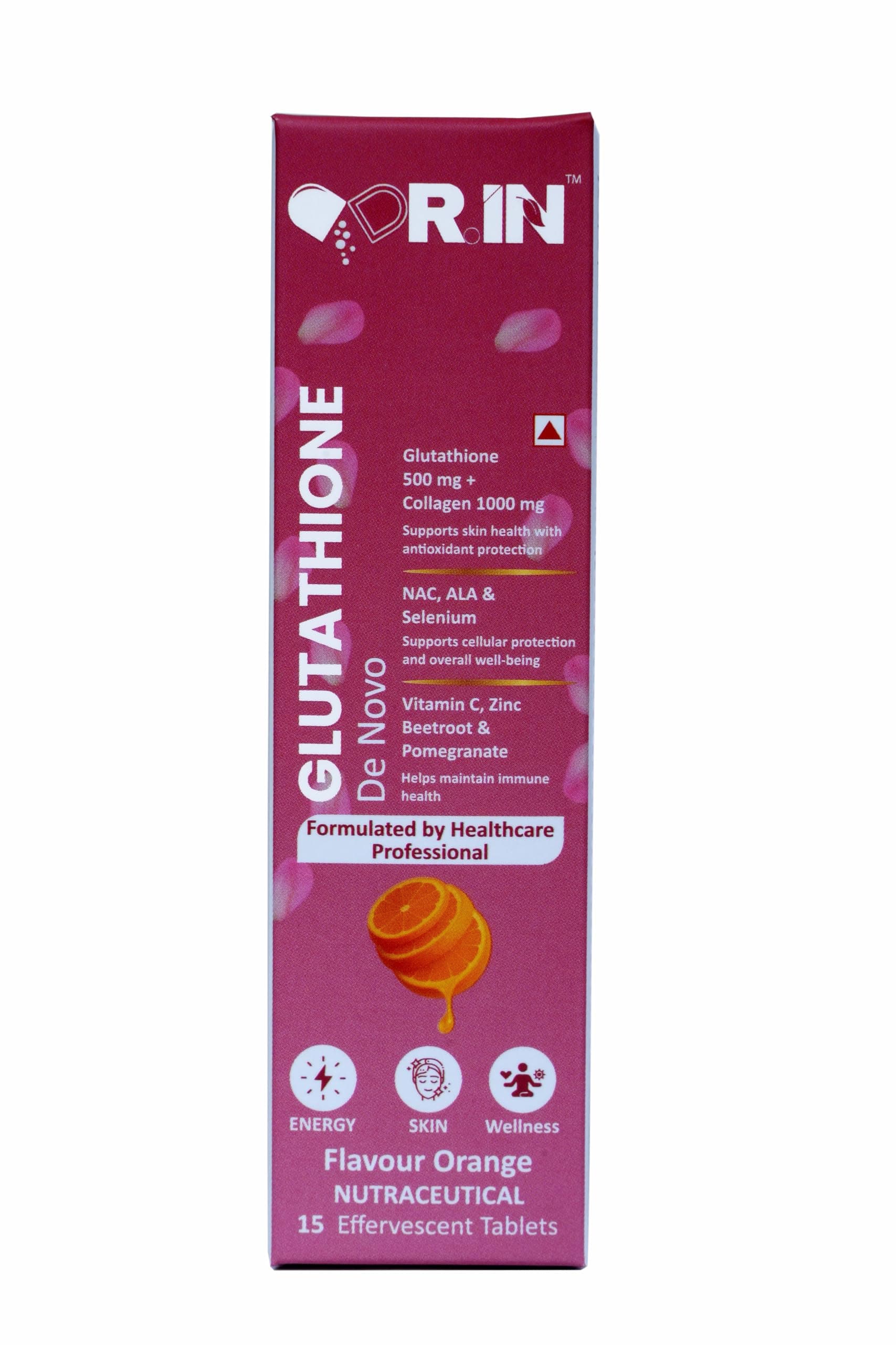 DR.IN Glutathione Effervescent Tablets 500mg, Orange, 15 Tablets | Collagen 1000mg, Vitamin C, Zinc, NAC & ALA, Antioxidant Supplement, Skin Glow, Immunity & Daily Wellness