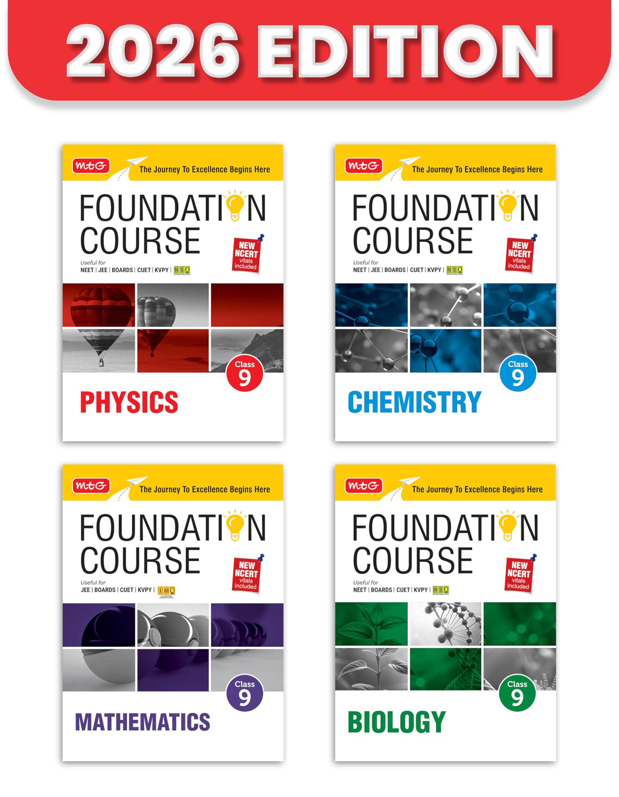 MTG Foundation Course Class 9 Physics, Chemistry, Mathematics & Biology For NEET, IIT-JEE, CUET & Boards Exams (Set of 4 Books) | Based on New NCERT Syllabus & Pattern 2026-2027