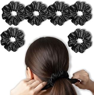 TEMPERIA (6 pcs) Silk Satin Scrunchies For Women & Girls - Stylish Luxury Ponytail Rubber Band Ties for Hair - Black (MN02)