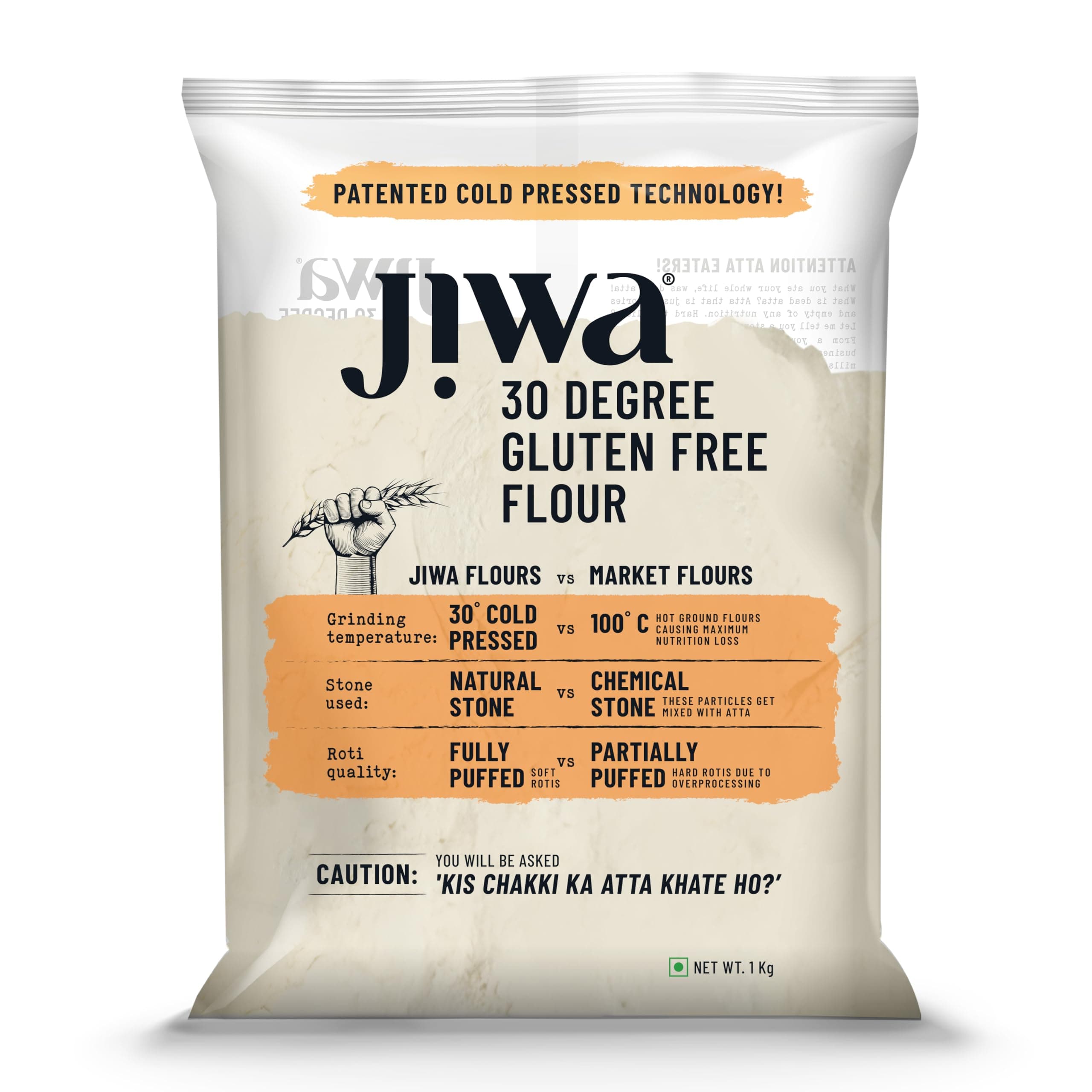Jiwa 30 Degree Gluten Free Flour/Atta | Patented Cold Pressed Flour | Slow Ground | Puffed Soft Rotis | Wheat Free| Suitable For Celiacs | 1 kg