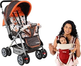 LuvLap Sunshine Stroller/Pram, Easy Fold, for Newborn Baby/Kids, 0-3 Years (Orange) & Elegant Baby Carrier with 4 Carry Positions, for 4 to 24 Months Baby, Max Weight Up to 15 Kgs (Red)