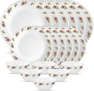 La Opala Novo Collection Opal Glass Crockery | for Family of 6 | Dinner Set 18 pcs Petite Roses | Plates & Bowls for Dining | Microwave Safe | 100% Vegetarian | Extra Strong | Light & White