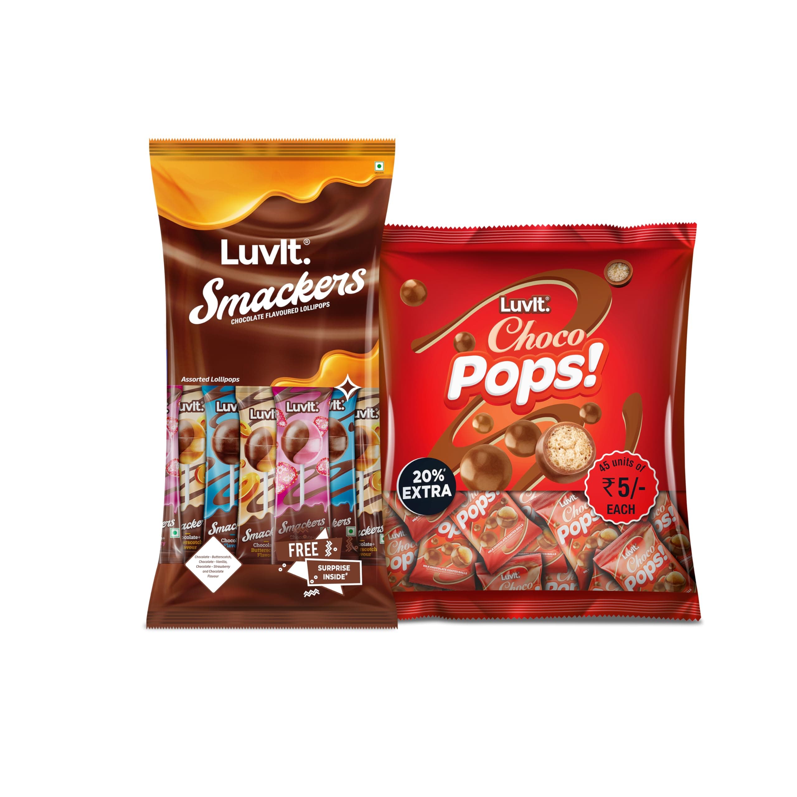 LuvIt. Smackers Chocolate Flavoured Assorted Lollipops & ChocoPops Chocolate Coated With Crunchy Rice Crispies Inside | Pack of 2