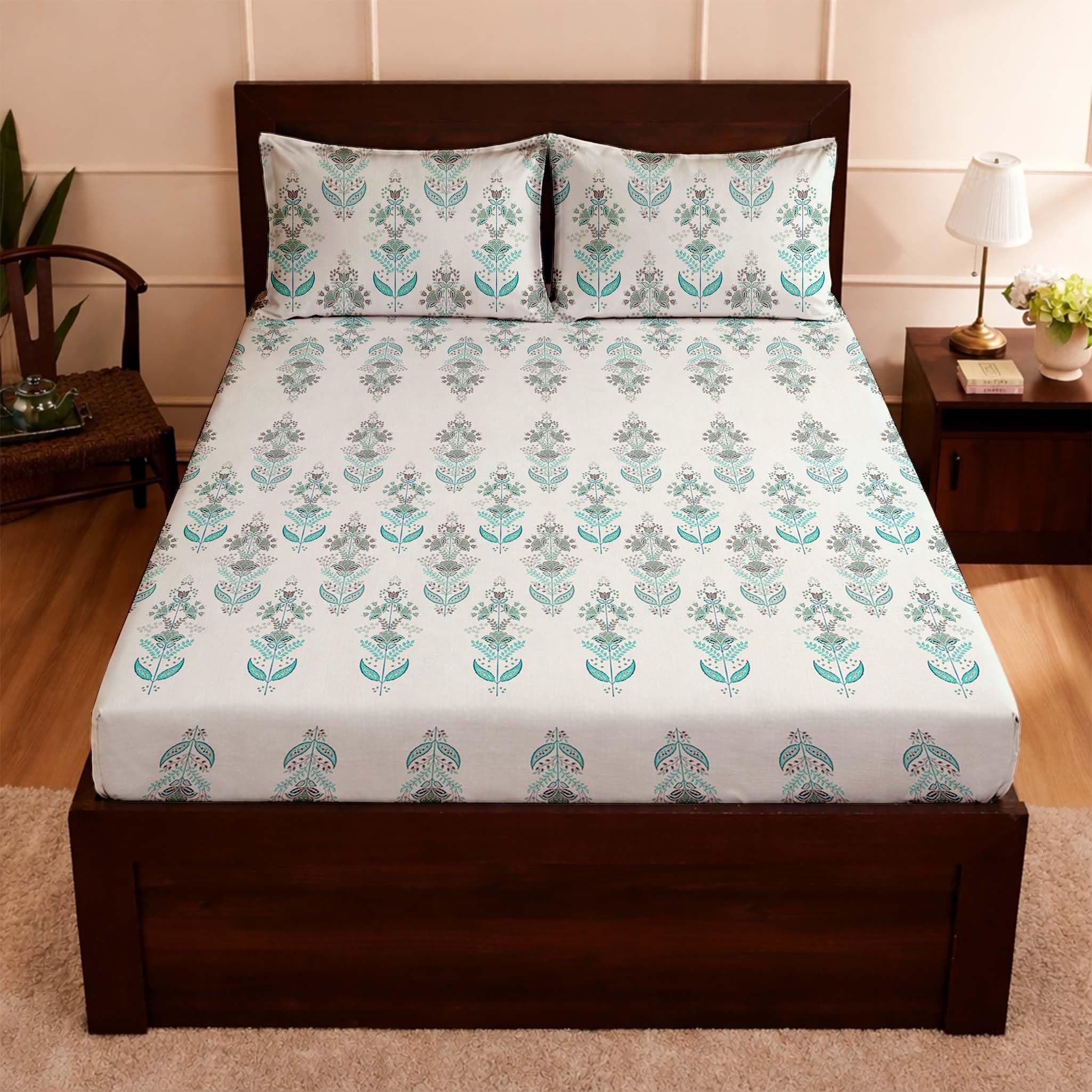 Raymond Bedsheet 100% Cotton Feel Bedsheets 200 TC for Double Bed King Size (108 x108 Inch) with 2 Large Size Pillow Covers | Soft and Breathable | Wrinkle-Free | Premium Printed Design Blue