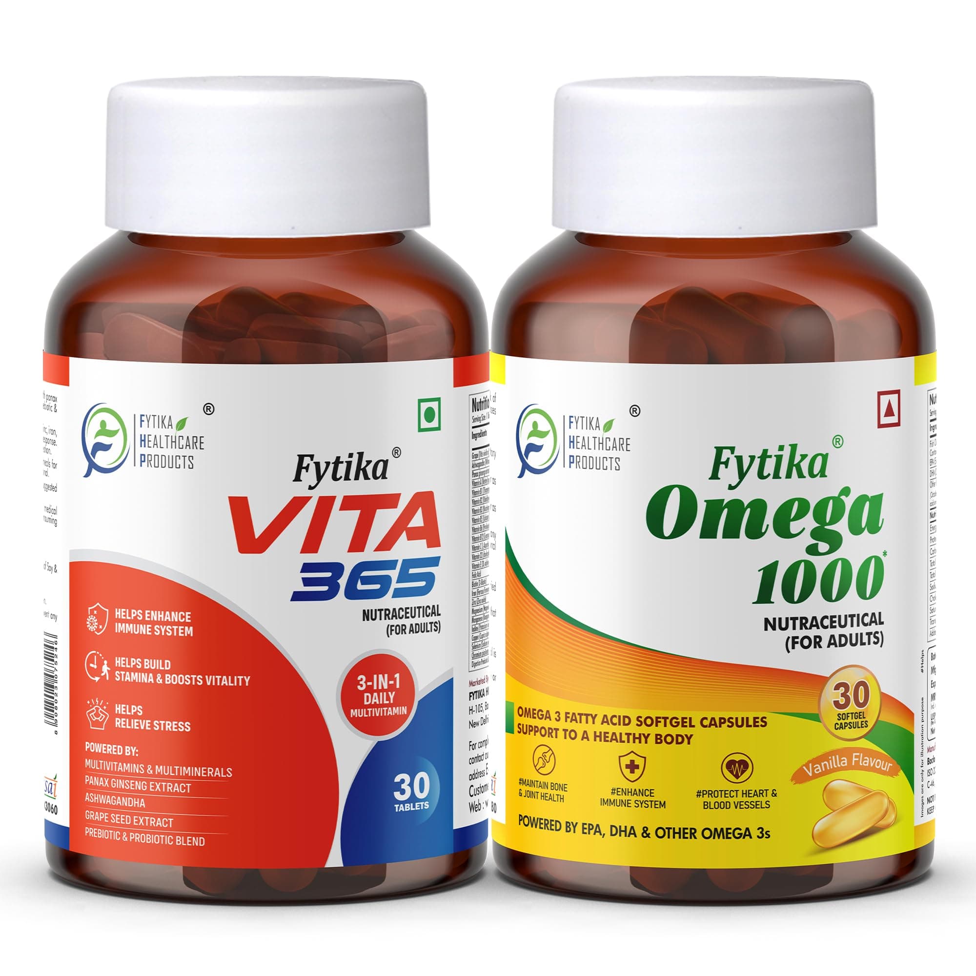 Fytika Vita 365 & Omega 3 Fish Oil 1000mg Combo Pack - (30 Tablets and 30 Capsules) | Multivitamin for men and women with Antioxidant & herbs blend for Immunity & Omega 3 Maintains Bone & Joint Health