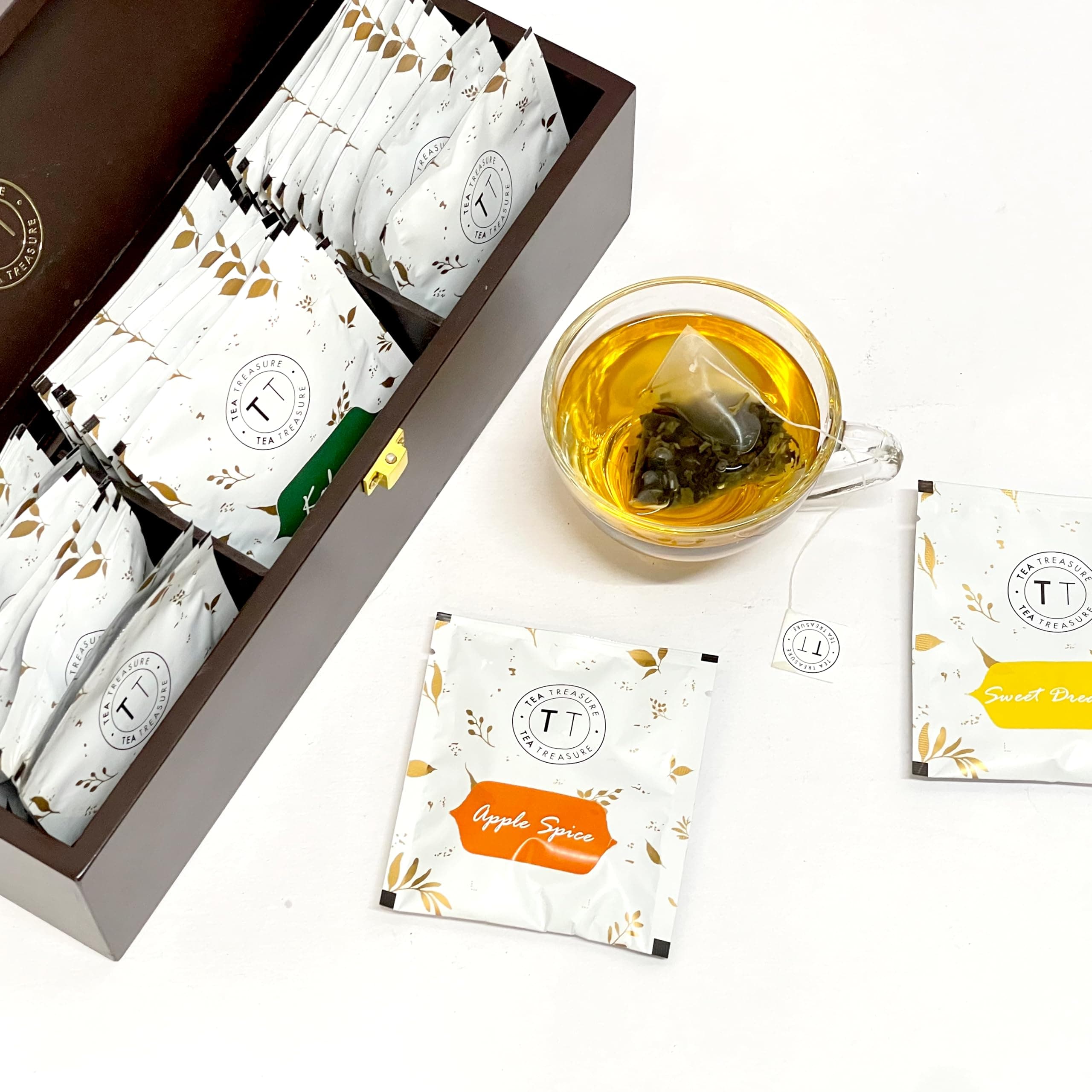 TeaTreasure Assorted Herbal & Green Tea Chest | 6 Flavors Wellness Tea Bags – Spearmint, Jasmine Green, Chamomile, Sweet Dreams, Apple Spice & Kashmiri Kahwa | Herbal Tea Sampler Gift Box