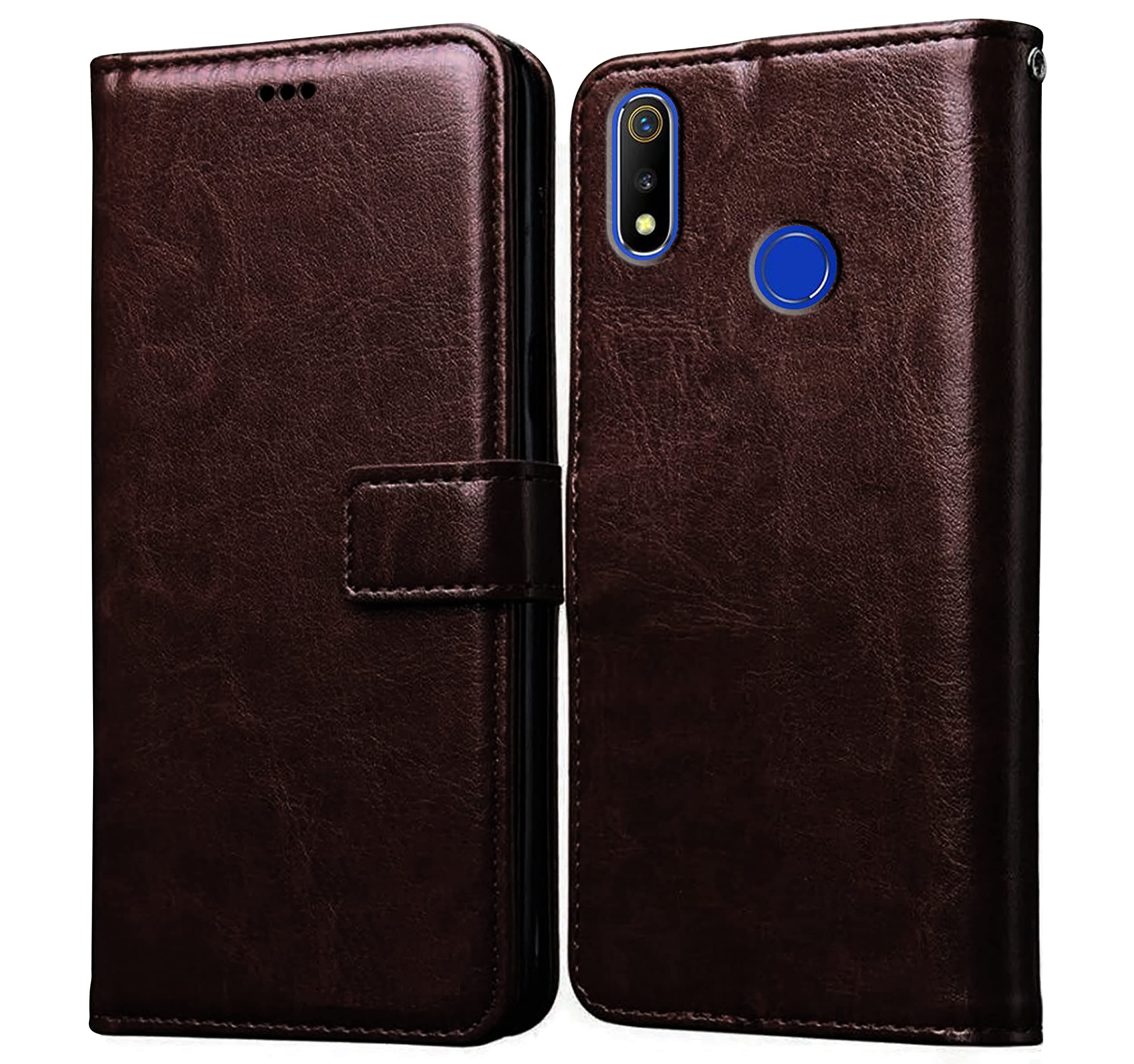 Amazon Brand - Solimo Flip Leather Mobile Cover (Soft, Flexible & Kickstand Back case) Compatible for Realme 3 / 3i (Coffee)