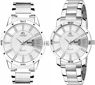 ADAMO Metal Analogue White Dial Couple's Watch - 813-814SM01