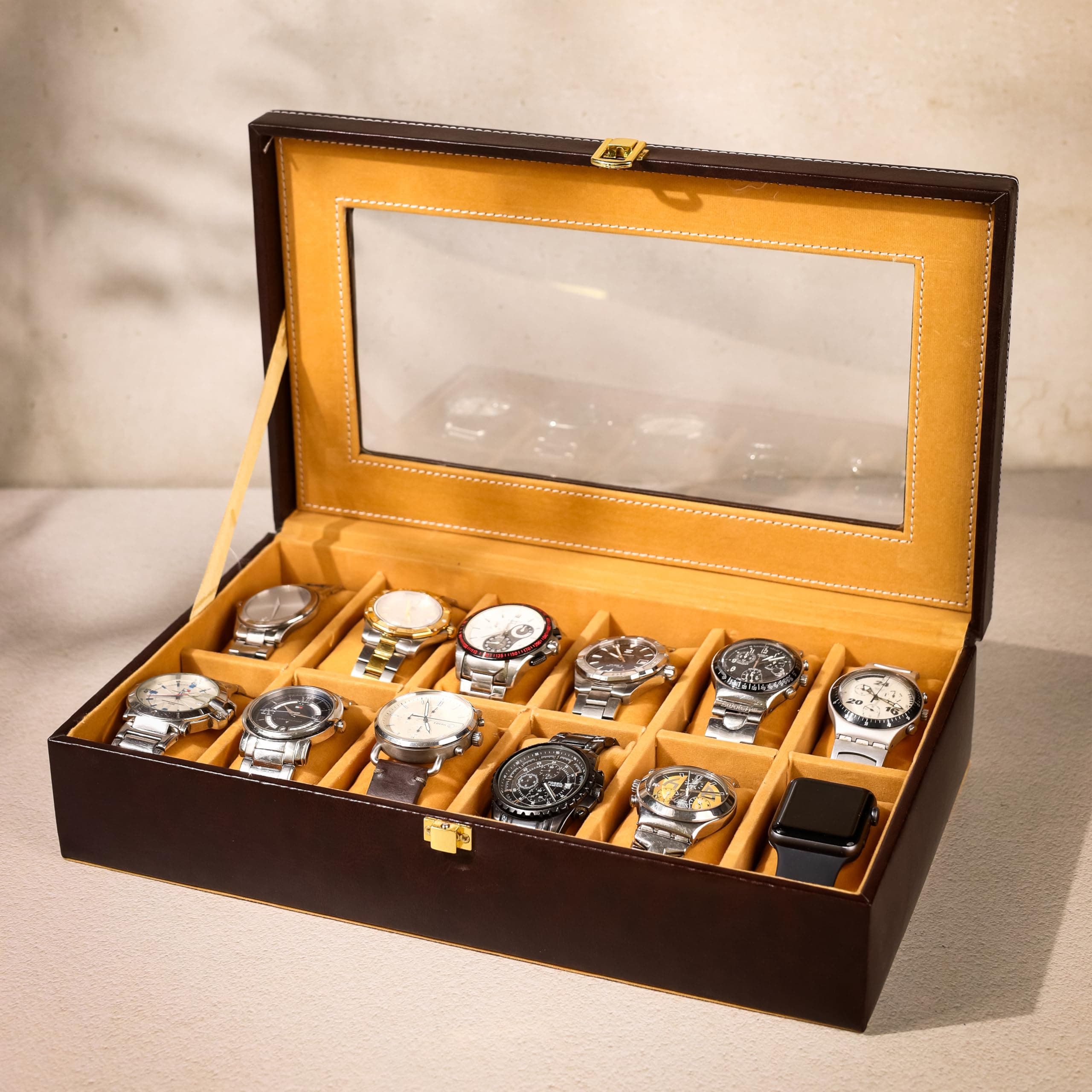 Birch & Co. Faux Leather Watch Box Organizer,Watchcase Box For Unisex,Storage Tray,Wristwatch Collection Holder 12 Slots,Sleek & Durable Display Case For All Enthusiasts,Mohagany,Brown