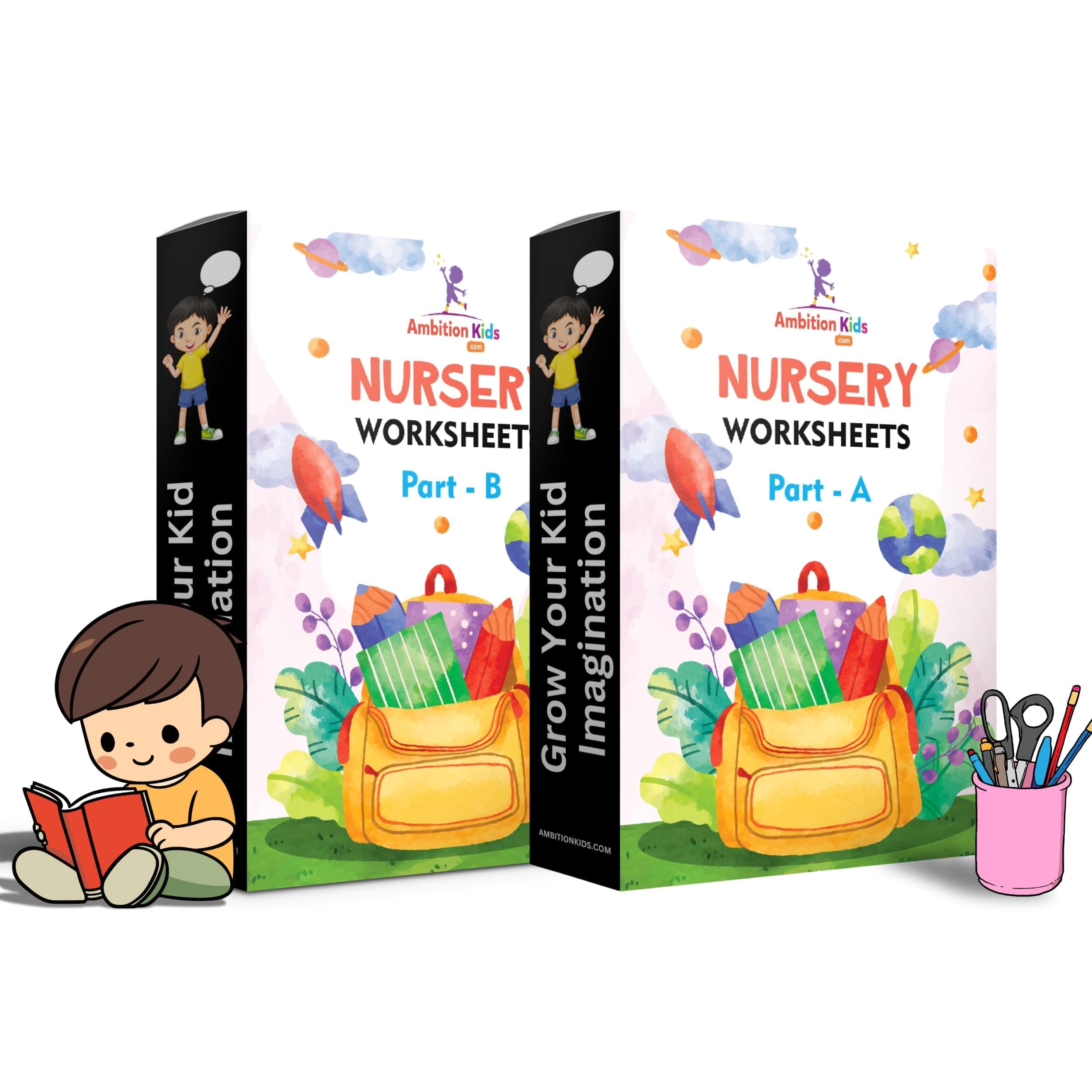 Ambition Kids Preschool Nursery Worksheets Part A & B | 150+ Pages Activity Book for Kids 3+ Years | Pre-Writing, Numbers, ABCD, GK & Tracing Practice