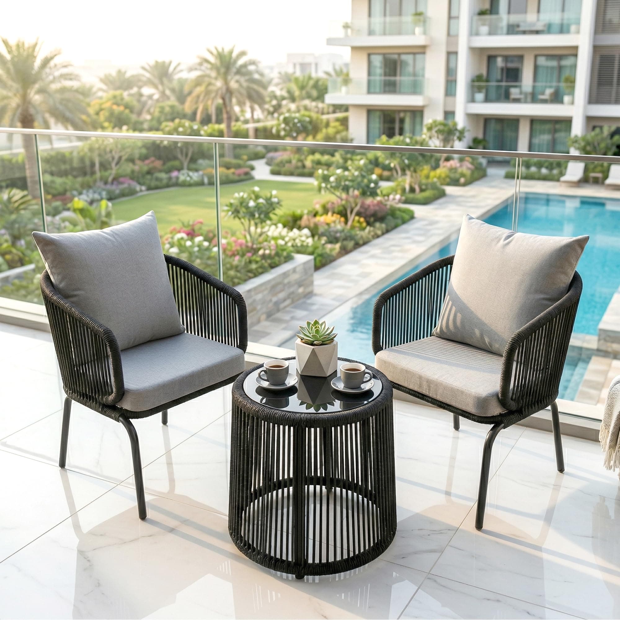 BRISHI Garden Patio Seating Chair and Table Set Outdoor Balcony Garden Coffee Table Set Furniture with 1 Table and 2 Chairs Set with Cushion (Black.)