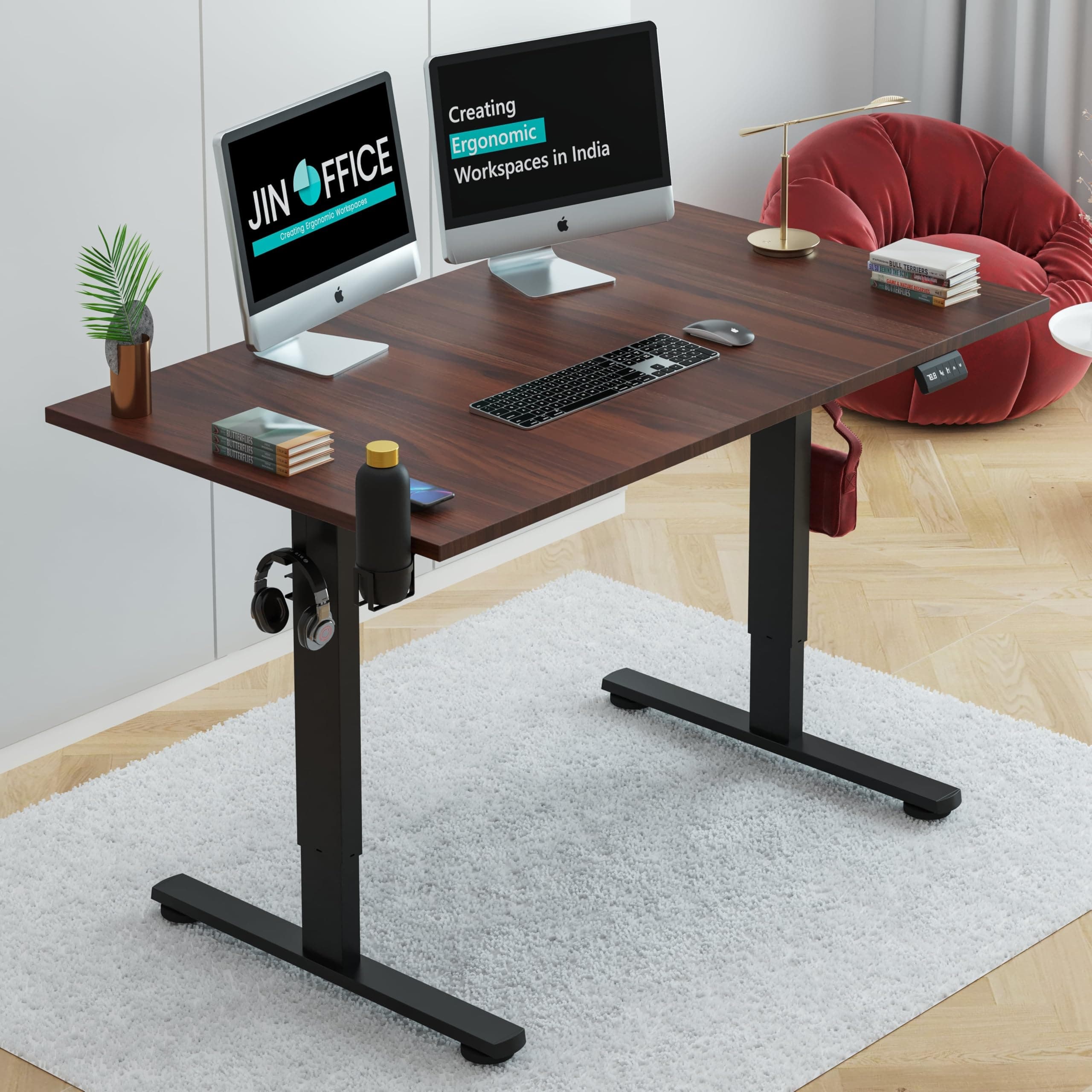 JIN OFFICE Octave Height Adjustable Desk Electric | Sit Stand Table, 80 Kg Wt. Cap, 2 Year Warranty| Standing Desk with Memory Preset, Cup Holder| Stability Crossbar| Brown 1200*750mm/25mm Thick Top