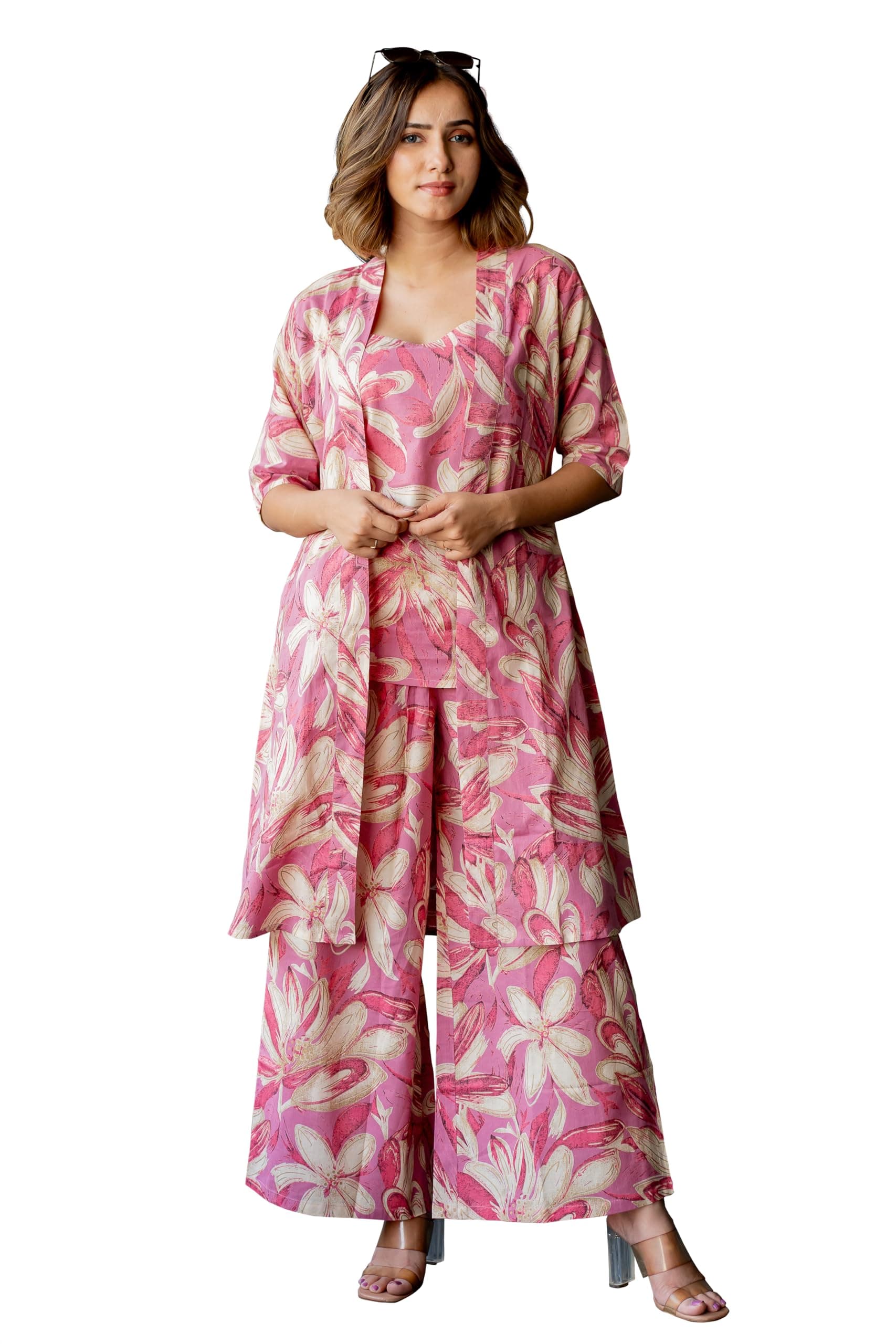 MIRCHI FASHION Pure Cotton 3 Piece Set for Women | Floral Printed Relaxed Fit Jacket Kurta Palazzo Outfit | Comfortable Office Wear Ethnic Cord Pair