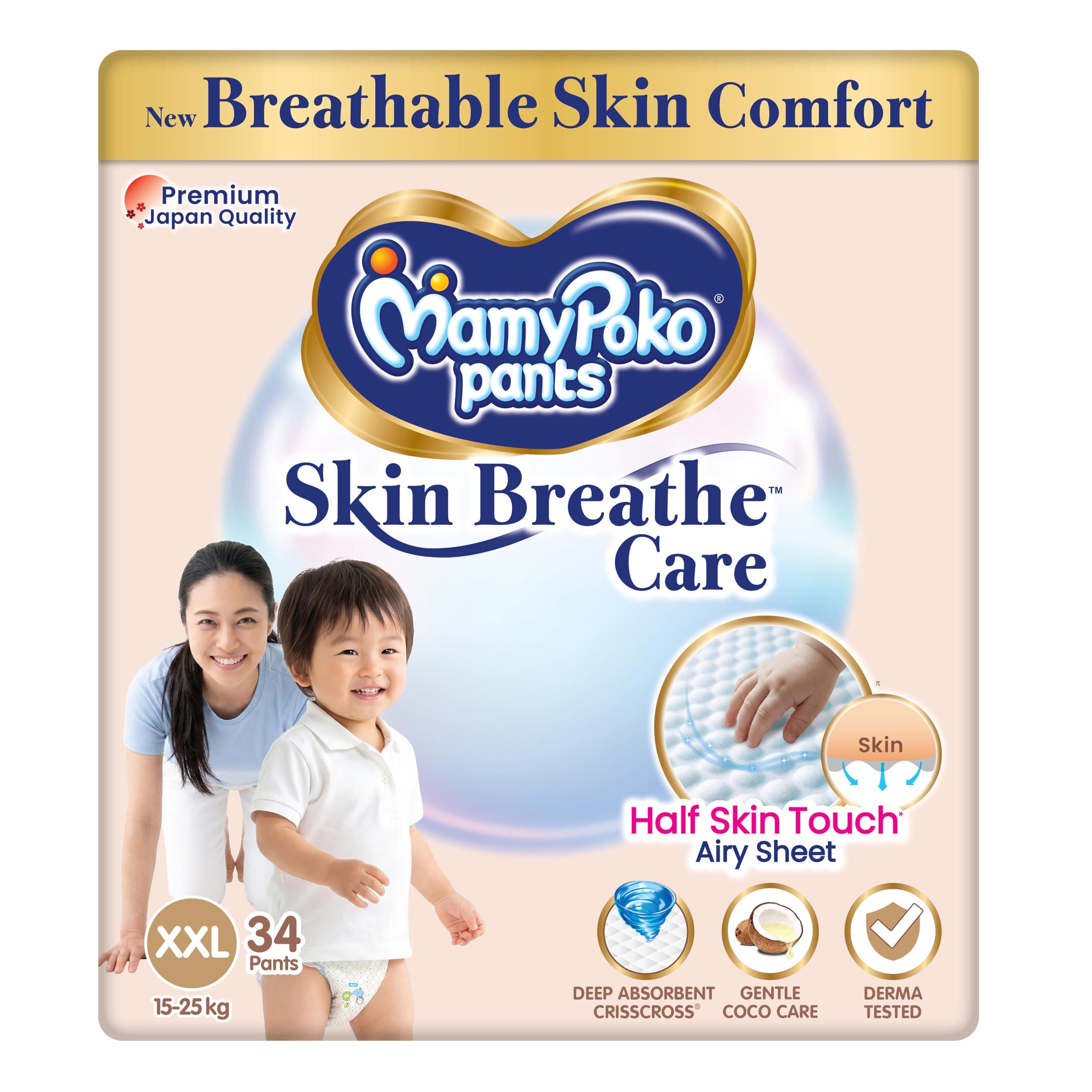 MamyPoko Pants Skin Breathe Care | Baby Diapers XXL Size (XXL) | 34 Count | 15-25Kgs | Half Skin Touch Airy Sheet | 3X Breathable | Derma Tested