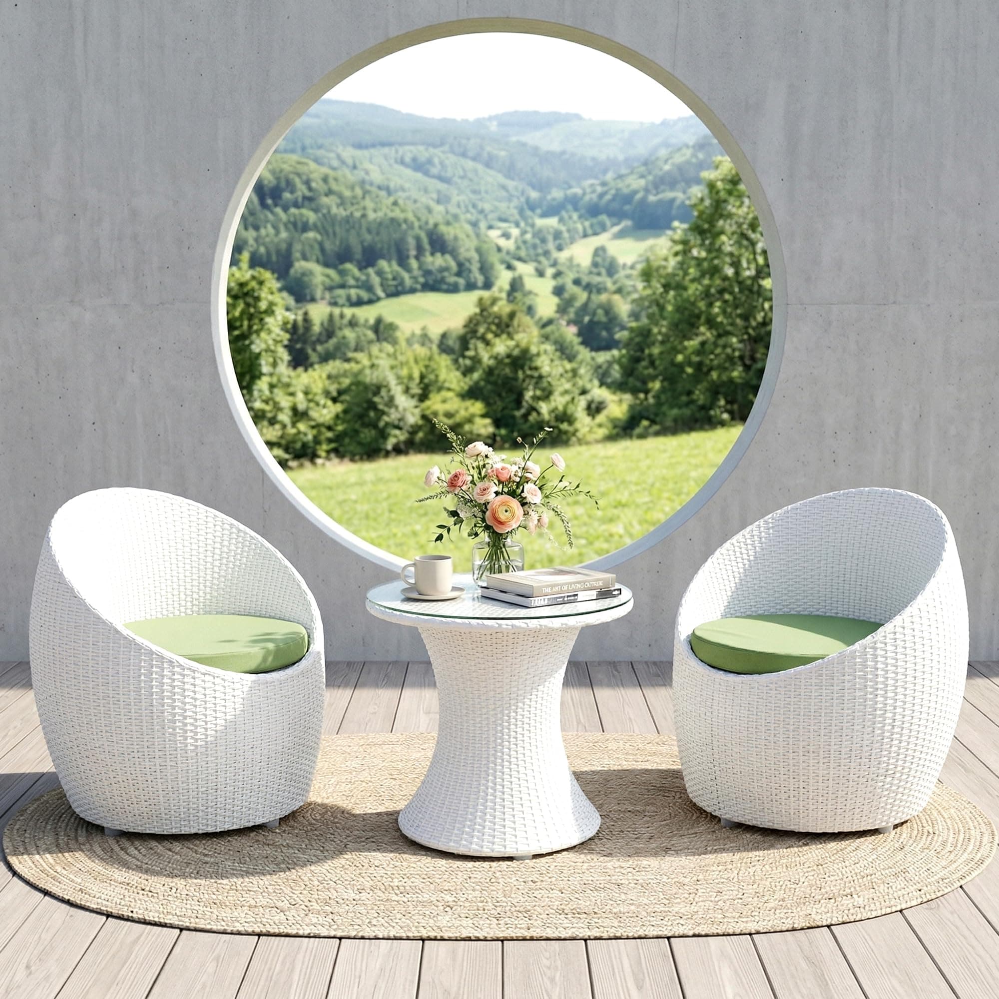 BRISHI Rattan & Wicker Garden Patio Seating Chair and Table Set Outdoor Balcony Garden Coffee Table Set Furniture and 2 Chairs 1 Table Set with Cushion (White and Green), 58 cm, 64 cm