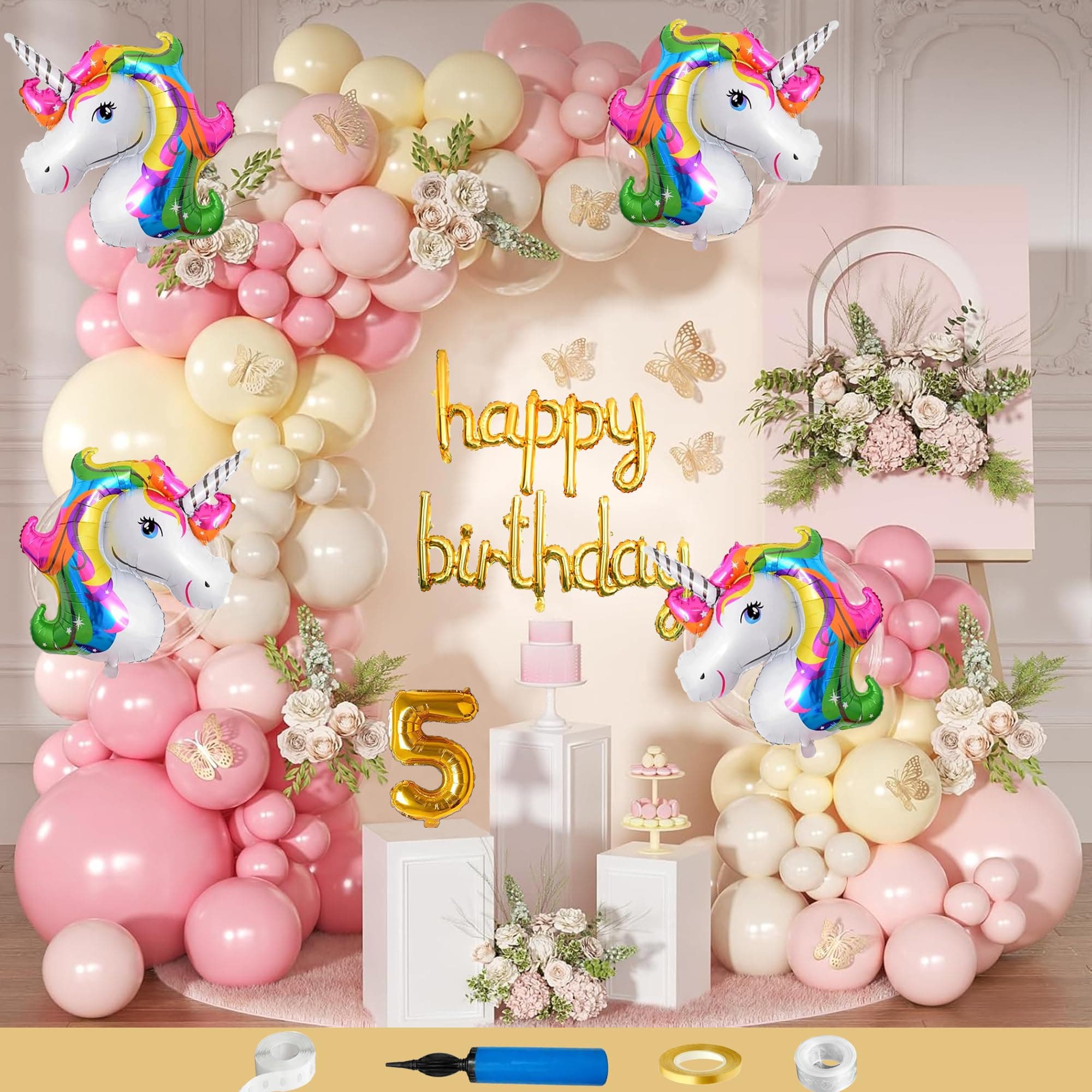 CRAZYKART Unicorn Theme Fifth 5th Birthday Decoration Items For Girls Party Decoration Kit Balloon Combo Pack Of 97 Pcs Pink White Yellow