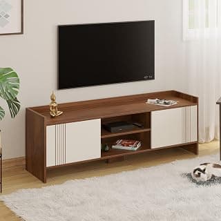 BLUEWUD Charley Engineering Wood Floor Standing TV Entertainment Unit Set Top Box Stand/TV Cabinet Panel with Shelves for Books & Décor Display Unit Bed Living Room Upto 50" (Brown Maple & White)