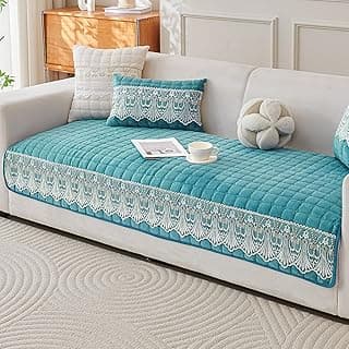 HOKIPO 'BelleLace Series' Imperial Milk Velvet Sofa Cover Mat with Lace Design| Make Your Own Sofa Cover Set, Mat Length 90(D) x 170(L) cm, Teal (AR-5966-TEAL)