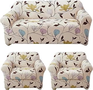 Sofa Cover 3 Seater and 2 Seater Fully Covered 5 Seater Sofa Cover Non-Slip Sticky Elastic Stretchable Sofa Set Imported Slipcover, Cream Brown Leaf (3+1+1)
