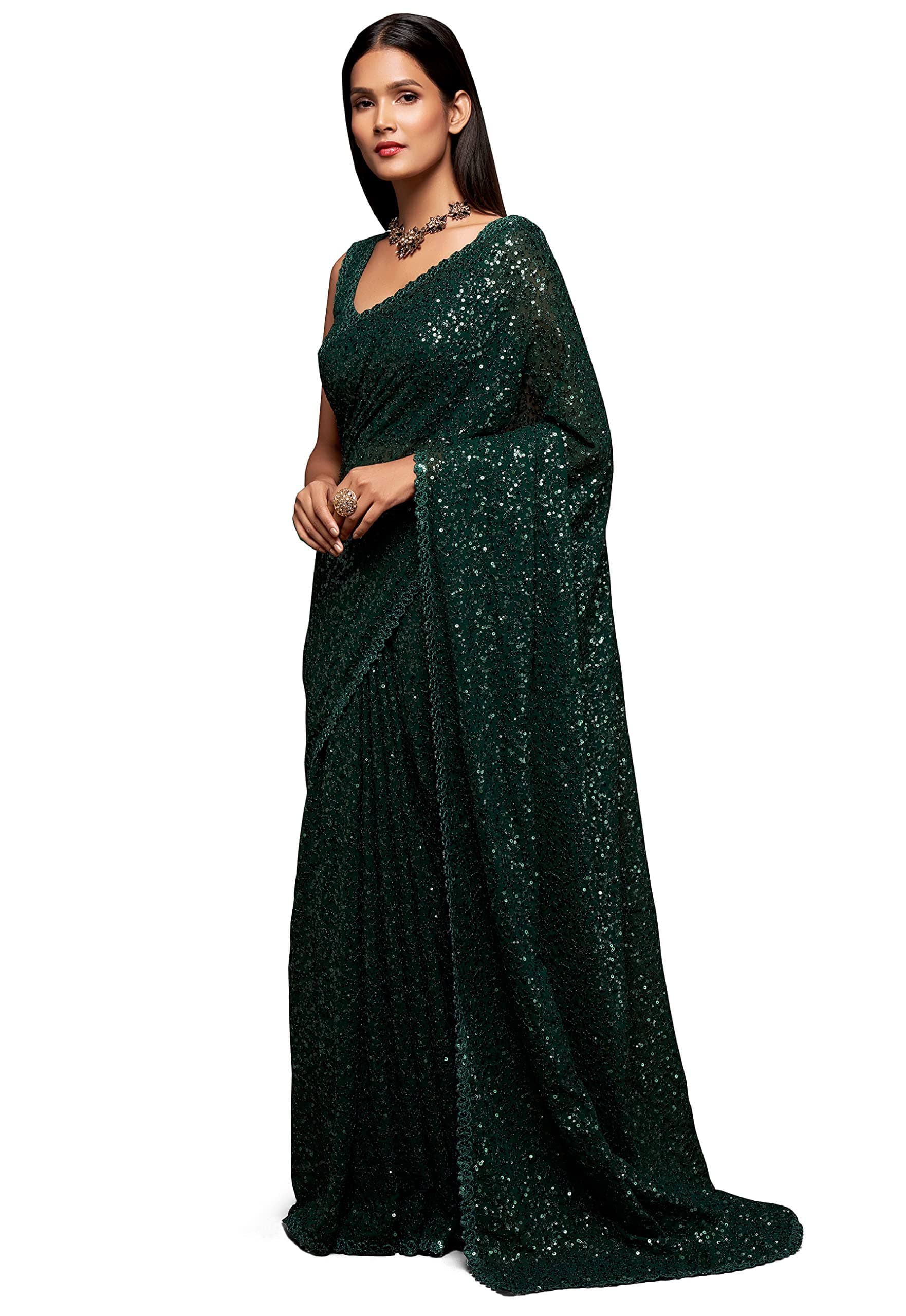 TRENDMALLS Women's Georgette Heavy Sequins Work Heavy Saree with Blouse (Latest-Sequins-Party-Saree)