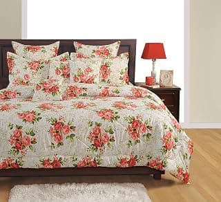 Swayam Pure Cotton Single Bedsheet with 1 Pillow Covers | Size 60 x 90 inch | 160 TC | Floral Design | Soft Breathable Bed Sheet | Comfortable & Durable for Bedroom - White & Red