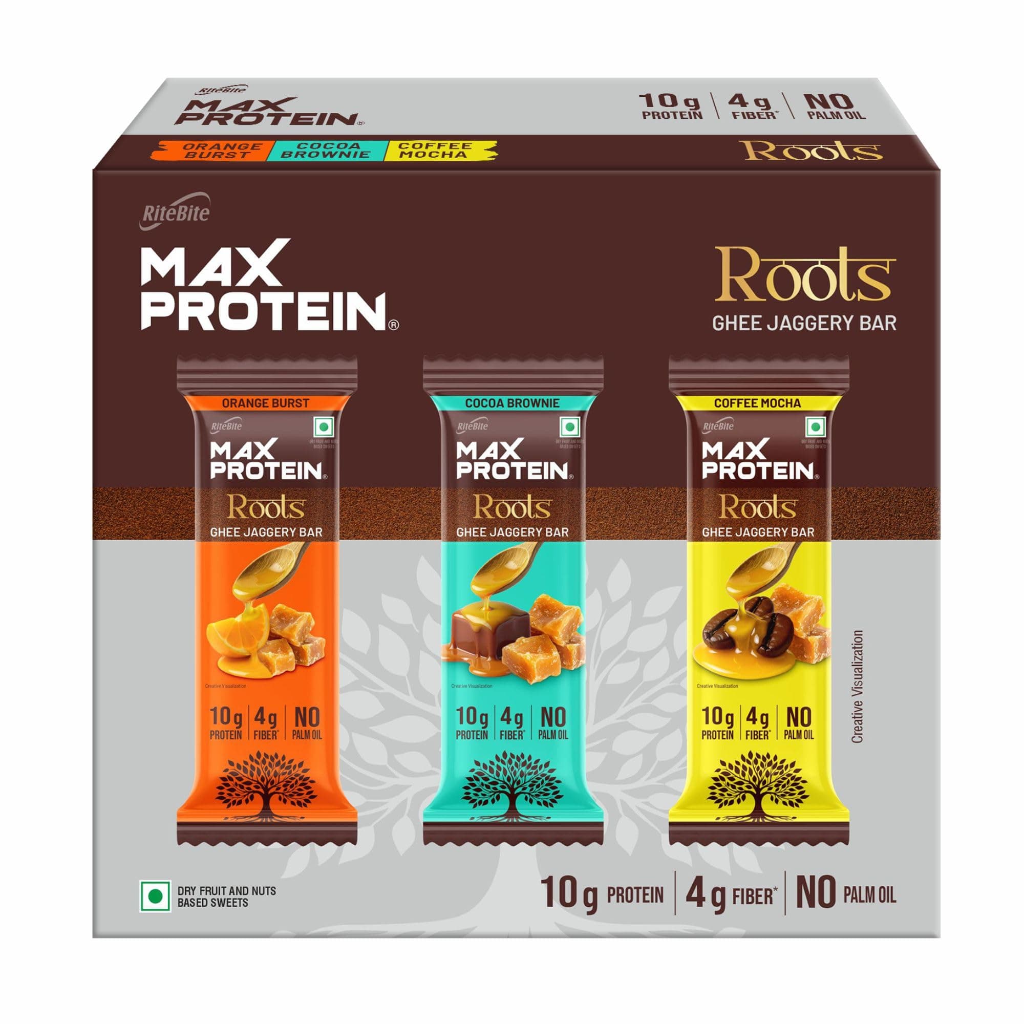 RiteBite Max Protein Roots Assorted 10g Protein Bars (Pack of 6) | Made with Ghee & Jaggery | 4g Fiber | No Palm Oil | (270g)