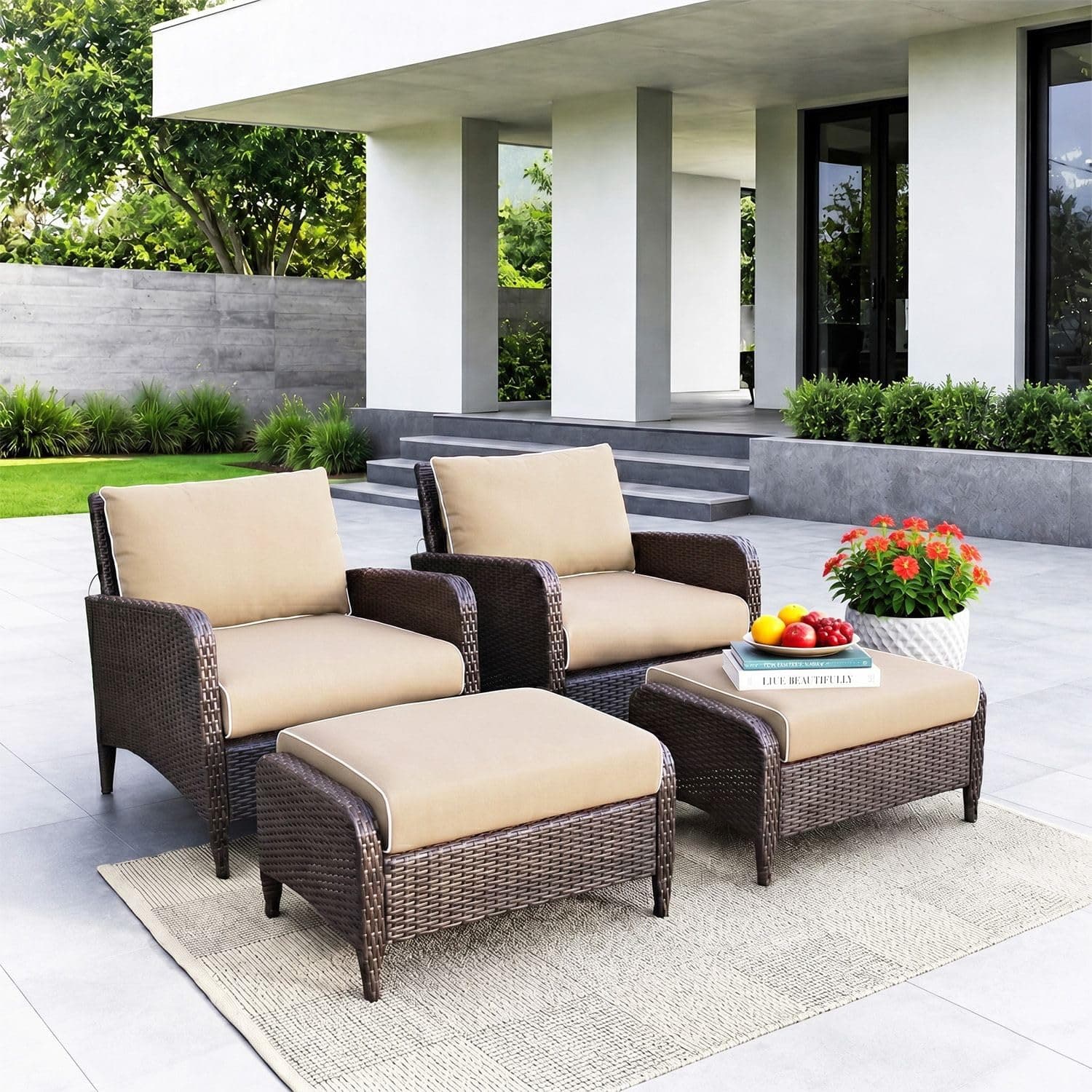 DEVOKO 4 Pieces Outdoor All Weather HDPE Wicker Rattan Patio Sofa Set with Cushioned Chairs and Ottomans for Backyard, Garden, Porch (Dark Brown & Cream)