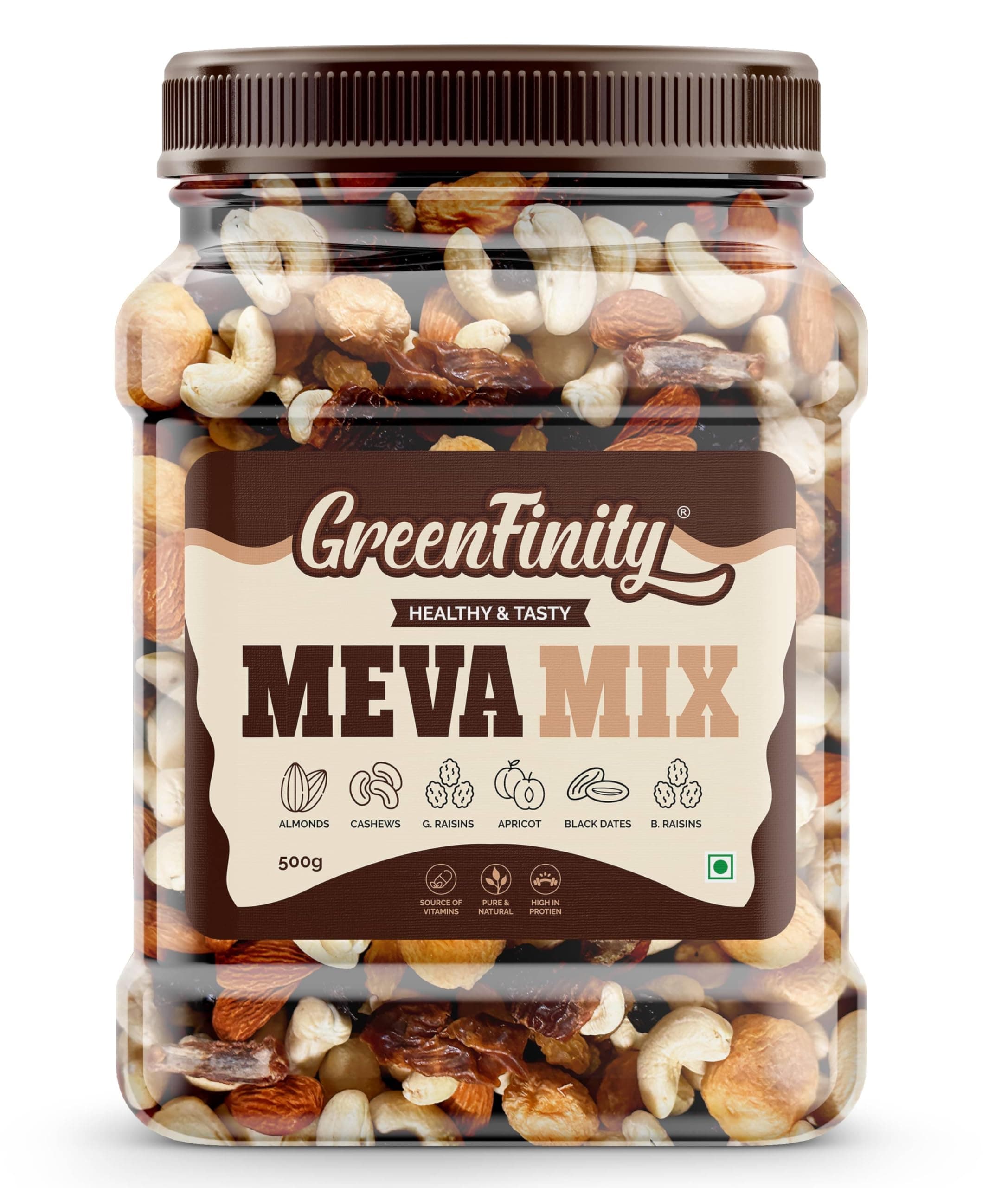 GreenFinity Meva Mix - Almonds, Cashews, Green and Black Raisins, Apricot, Black Dates | Rich in Protein, Fiber, Antioxidants | Mixed Dry Fruits for Immunity, Weight Management, Festive Gifting (500g)